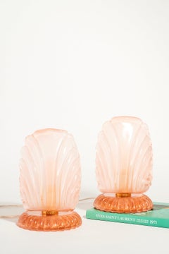 Italian Deco Style Peach Pink Glass Shell Lamps Set of Two