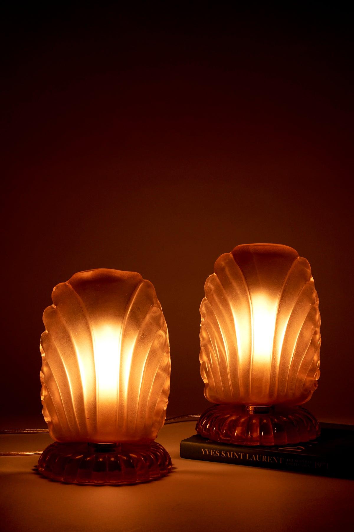 Art Deco Italian Deco Style Peach Pink Glass Shell Lamps Set of Two