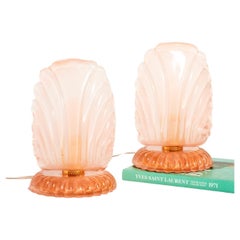 Italian Deco Style Peach Pink Glass Shell Lamps Set of Two