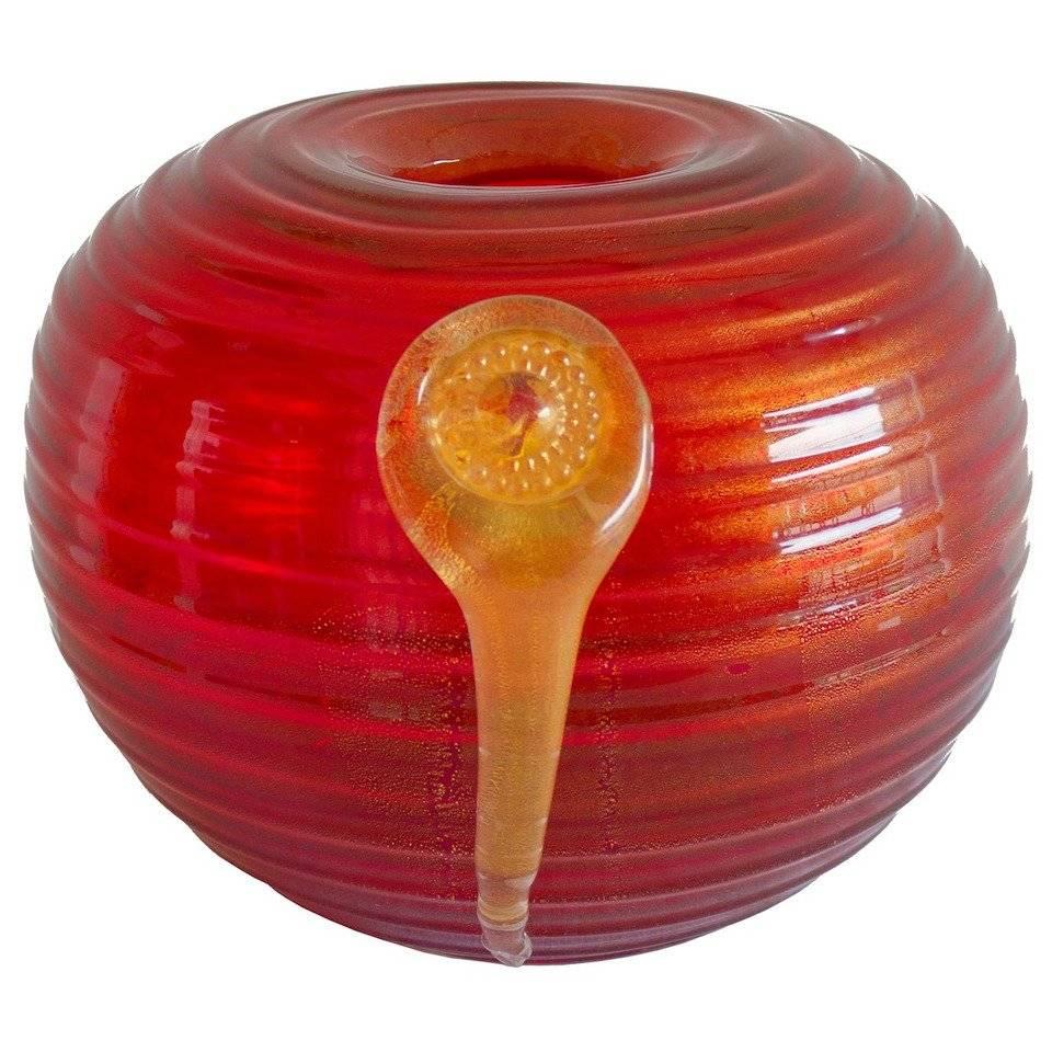 Massive Red and Gold Vase in Blown Murano Glass with gold drop, 1980s Italy For Sale at 1stDibs