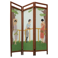 Italian Decorated Walnut and Brass Folding Screen, Early 1900s