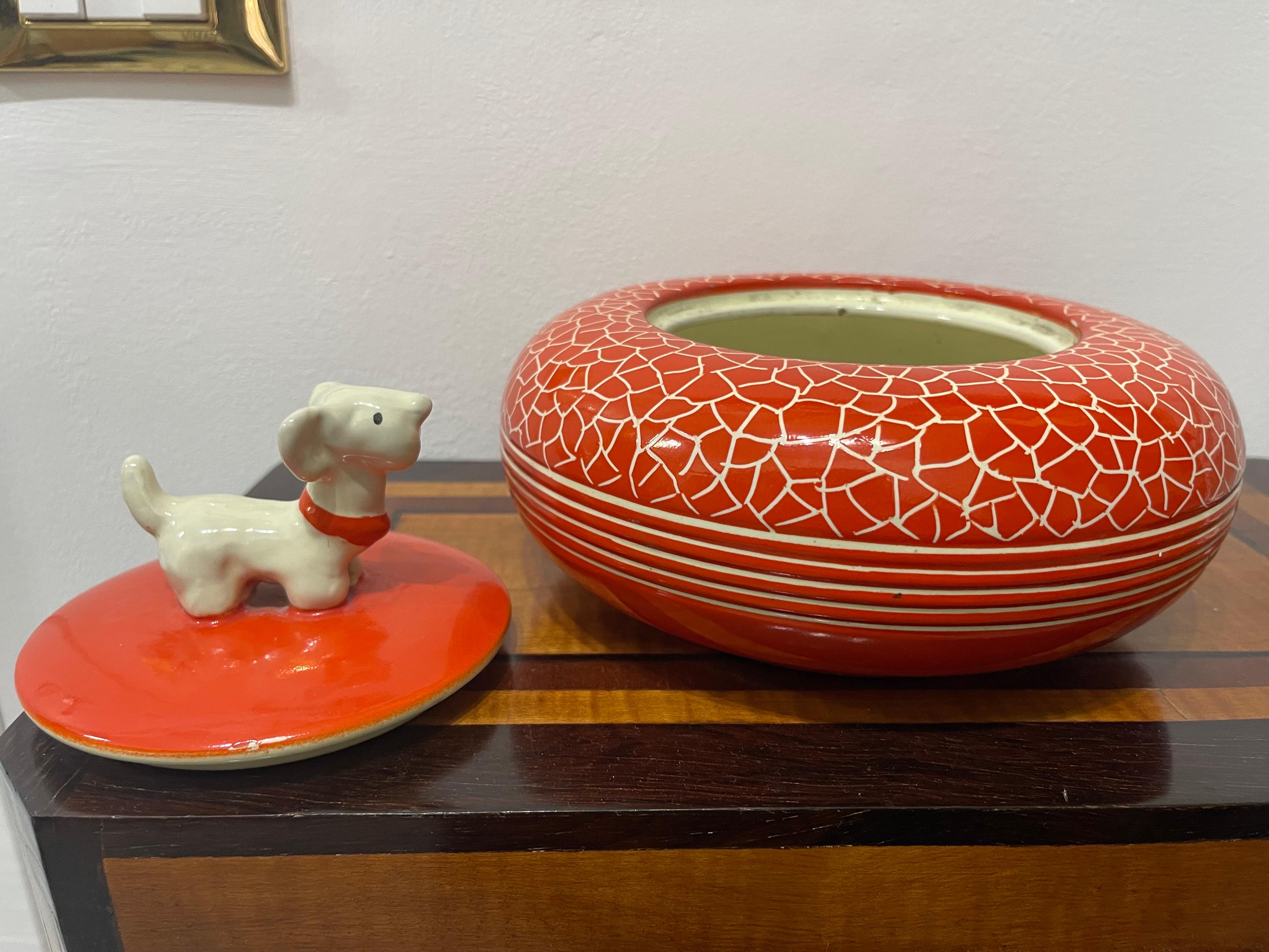Mid-Century Modern Italian decorative ceramic box 1940 Perugia Coral red Rometti Dog  For Sale