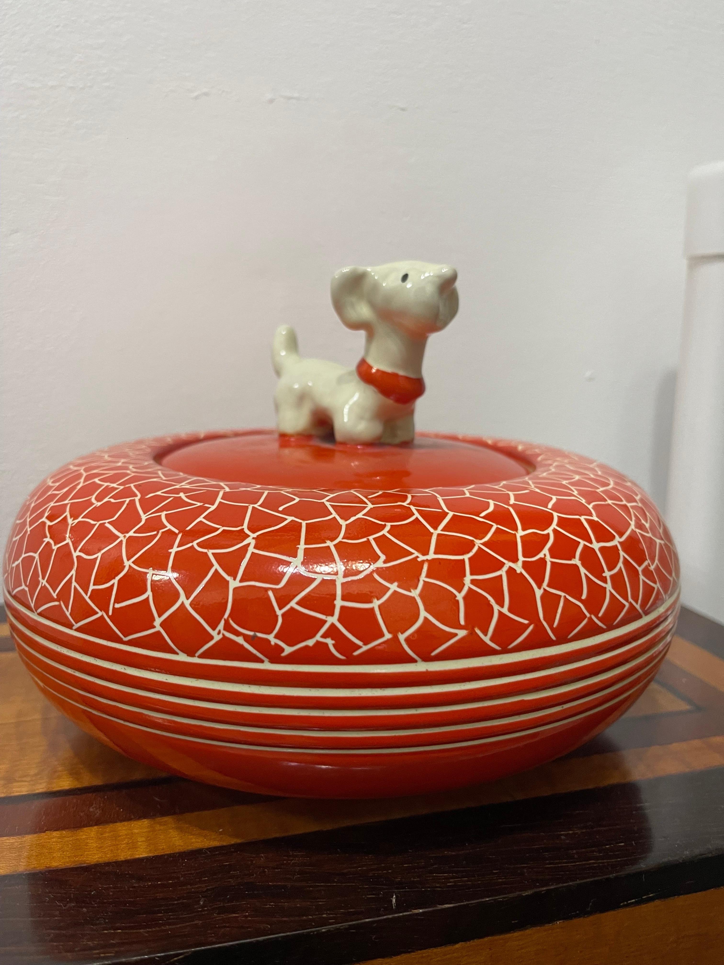 Italian decorative ceramic box 1940 Perugia Coral red Rometti Dog  For Sale 2