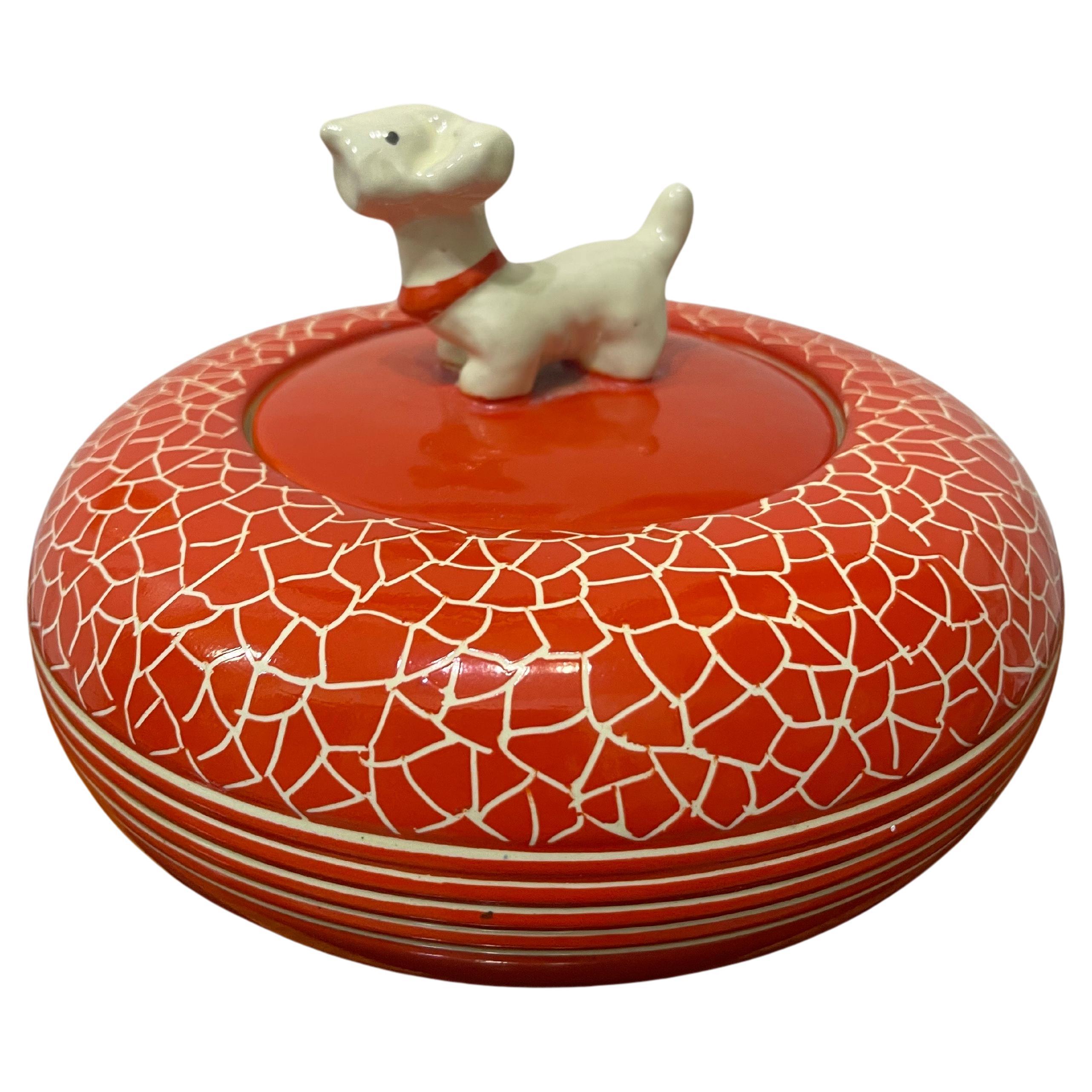 Italian decorative ceramic box 1940 Perugia Coral red Rometti Dog  For Sale