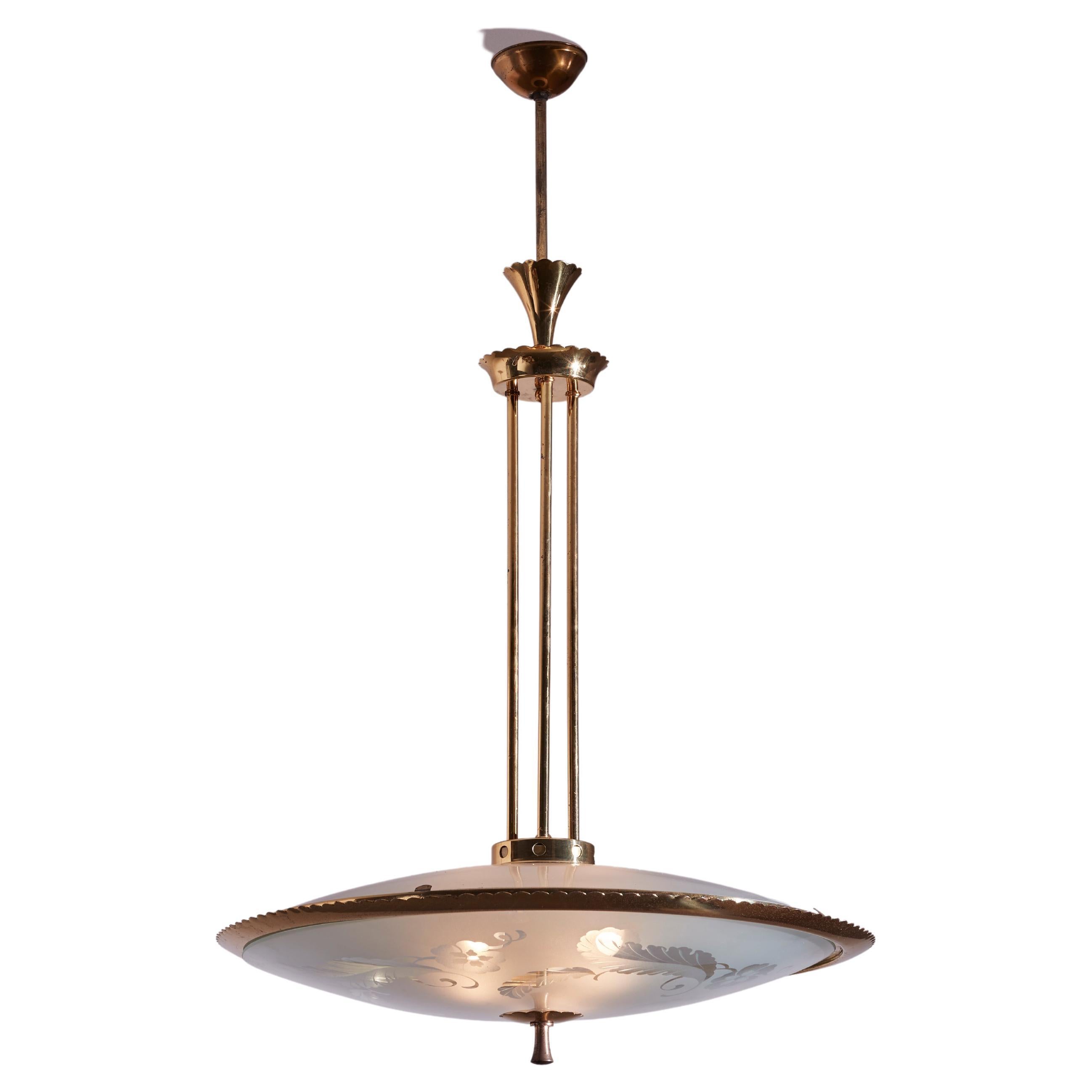 Lampadario decorativo italiano in ottone e vetro serigrafato, anni '60