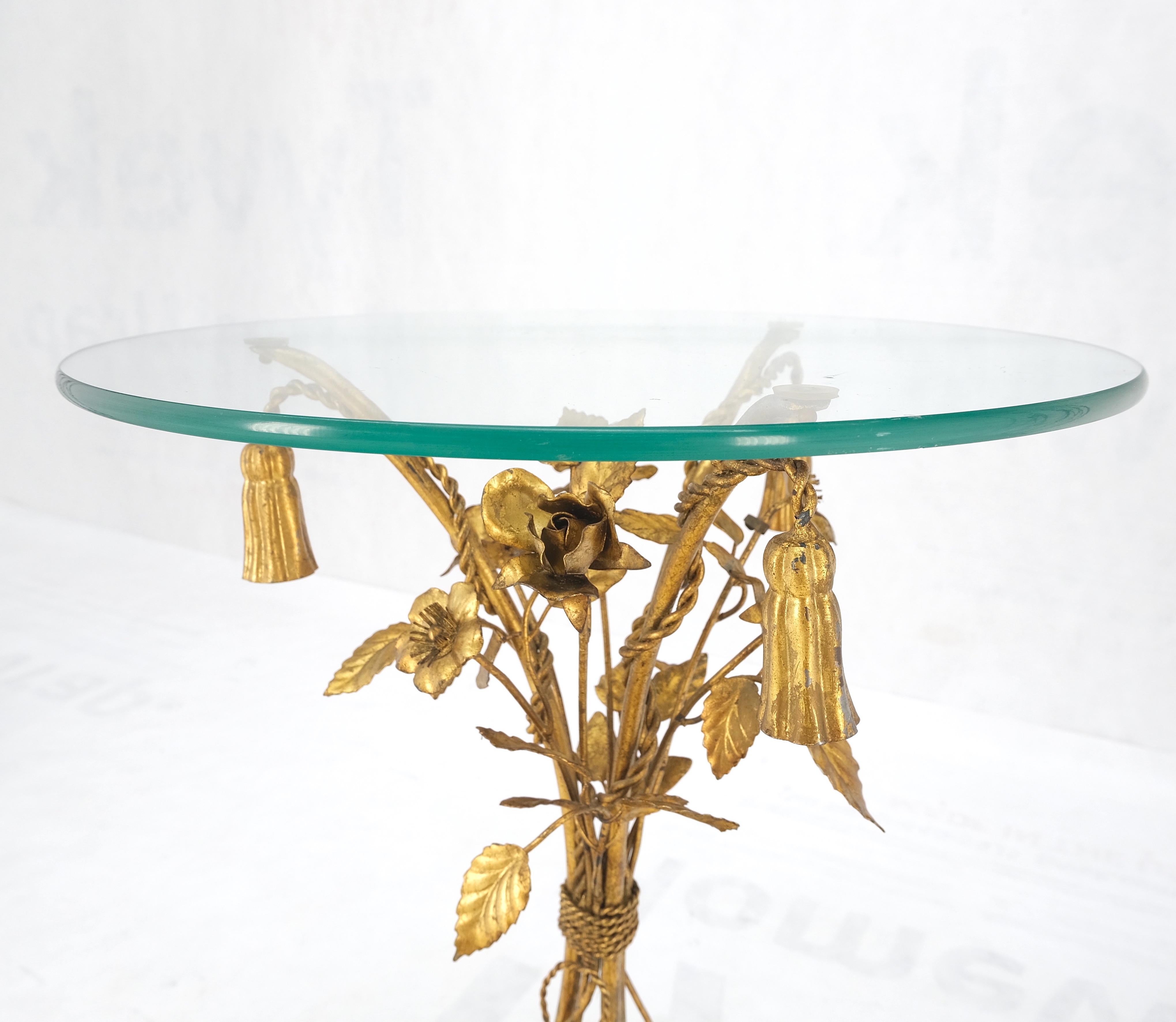 Italian Decorative Gilt Metal Flowers Round Glass Top Side End Lamp Table MINT 3
