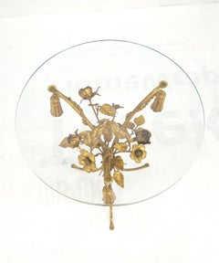 Italian Decorative Gilt Metal Flowers Round Glass Top Side End Lamp Table MINT