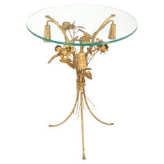 Italian Decorative Gilt Metal Flowers Round Glass Top Side End Lamp Table MINT