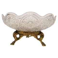 Italian Decorative Pounch Bowl in Cut Glass Crystal with a Gilded Bronze Stand