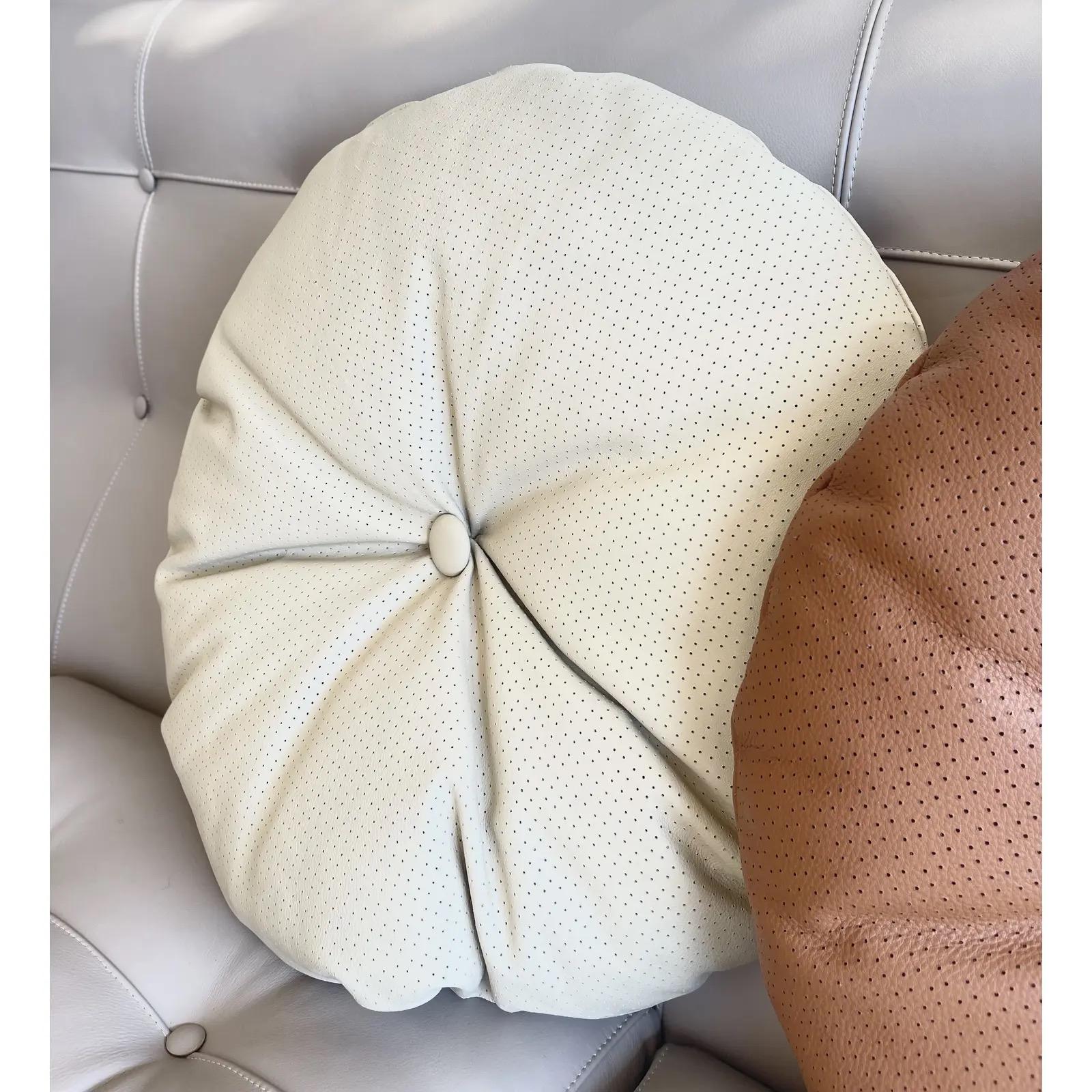 Italian Decorative Round Leather Pillow by Arflex, Round Beige Leather For Sale 3