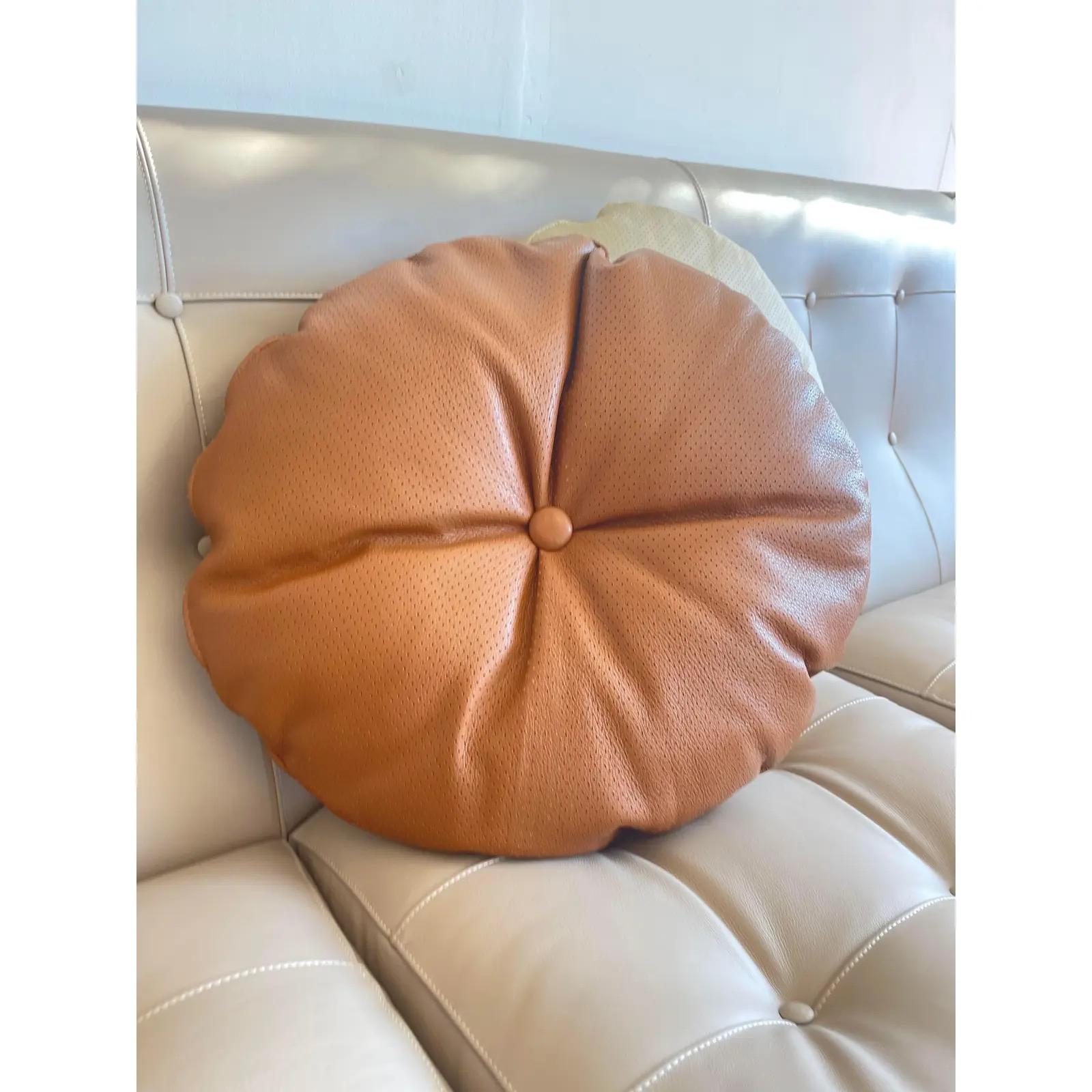 Italian Decorative Round Leather Pillow by Arflex, Round Brown Leather In Good Condition For Sale In Jersey City, NJ