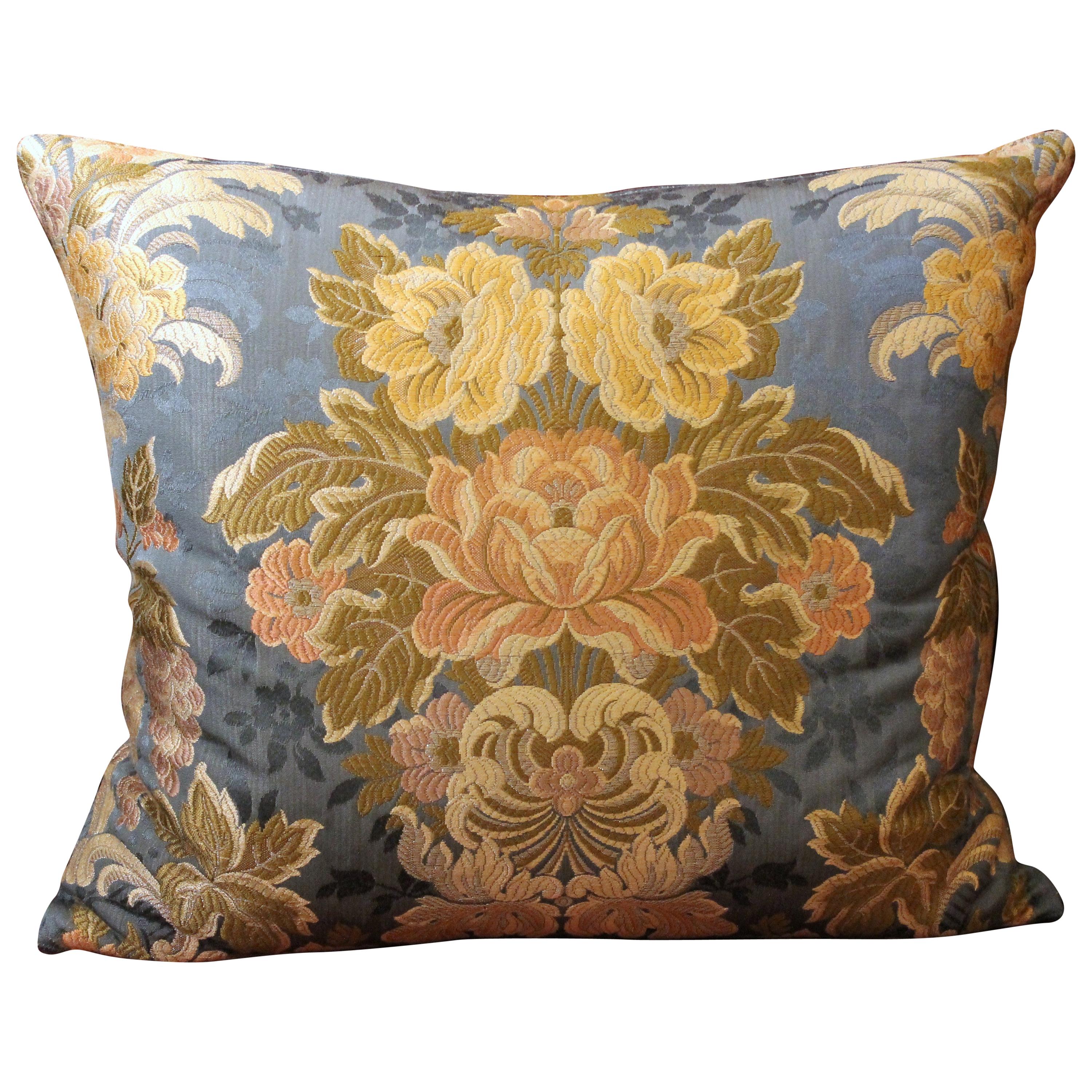 Italian Decorative Throw Pillows with Floral Pattern Cotton Brocade Fabric For Sale