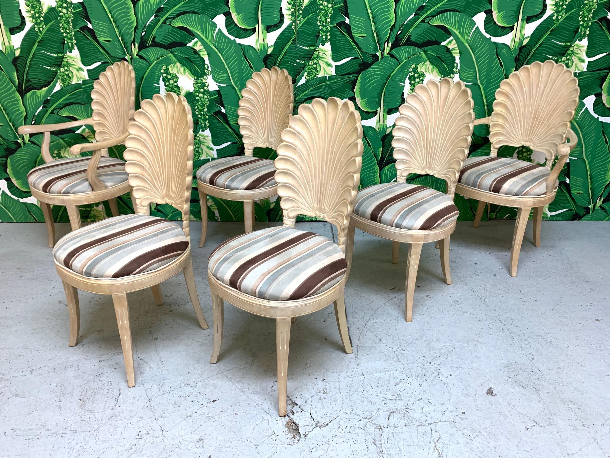 Set of six Venetian grotto shell or scalloped back style dining chairs in solid wood with upholstered seats. Very good condition with only very minor imperfections consistent with age.