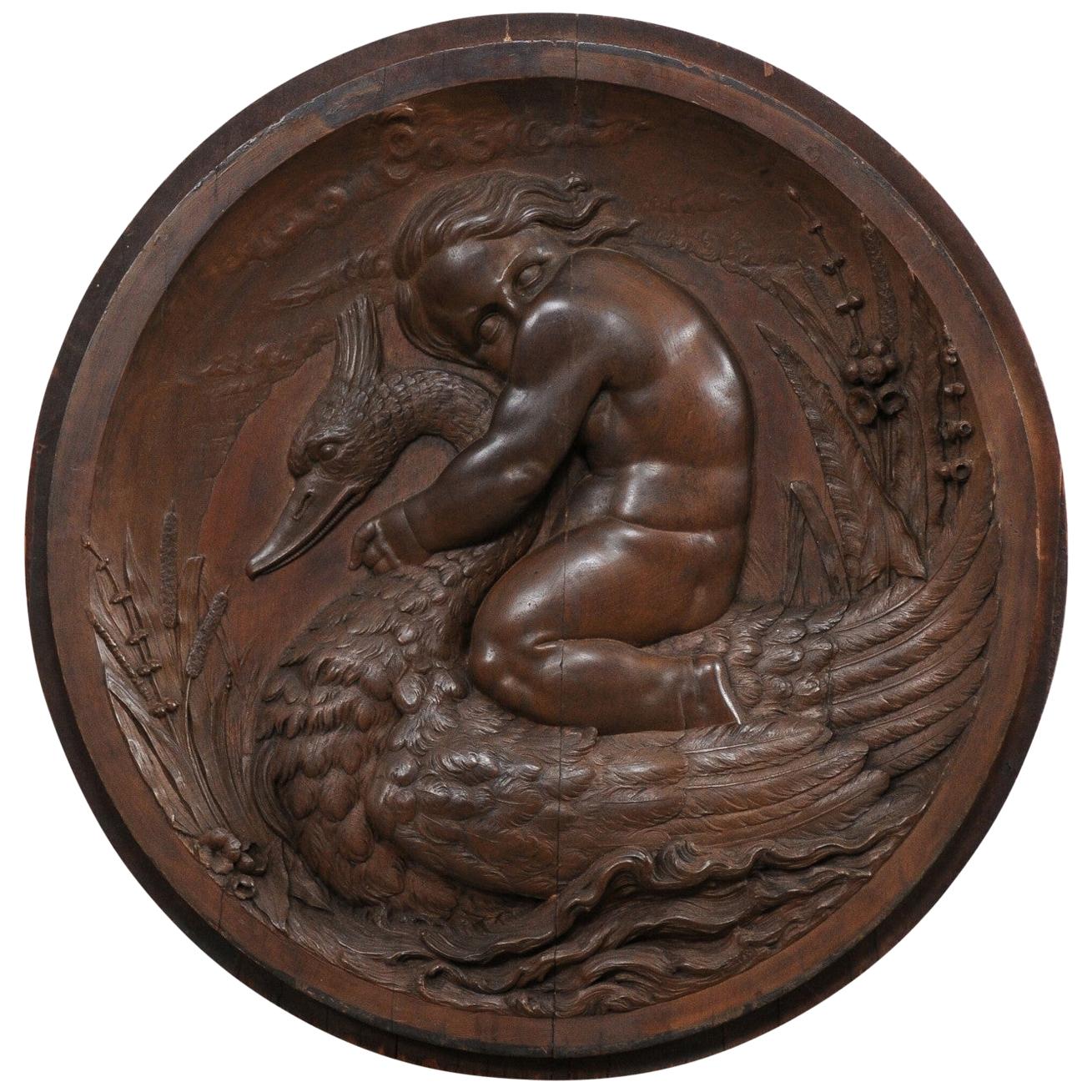 Italian Decorative Wall Plaque Carved with Putto & Water Fowl Early 19th Century For Sale