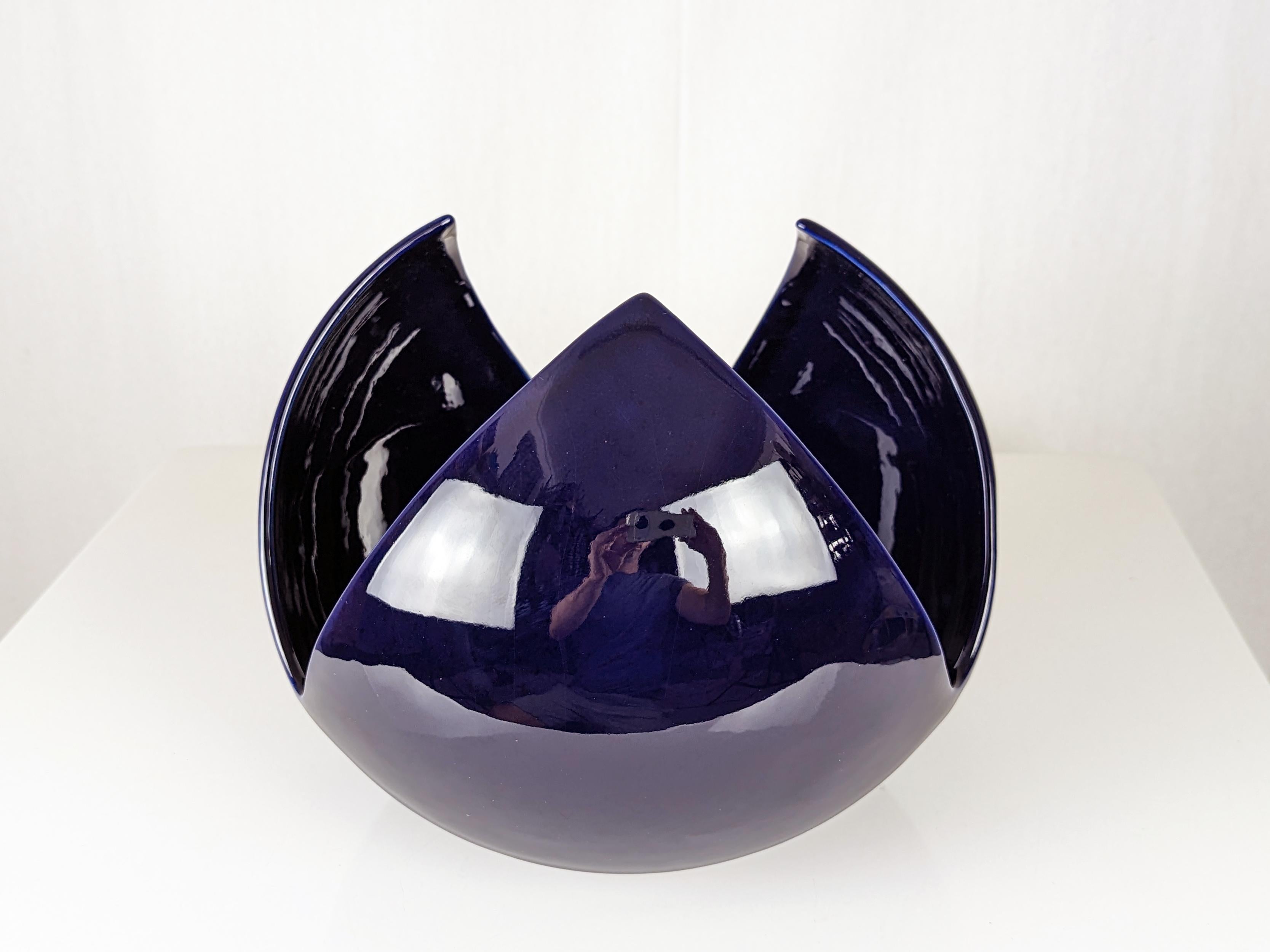 Glazed Italian deep blue ceramic vase centerpiece by Sele Arte, Nove 1970s For Sale