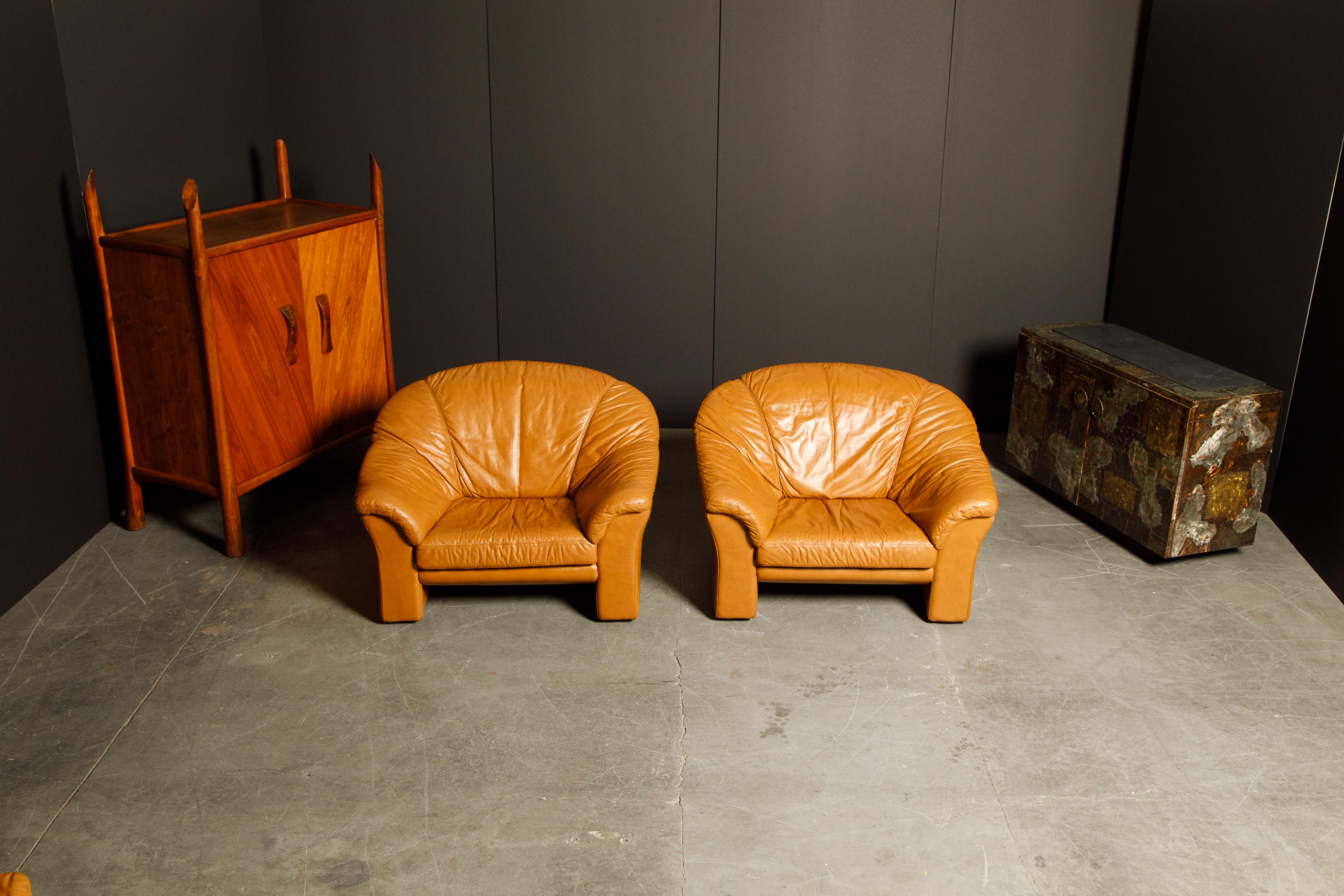Italian Deep Seated Cognac Leather Sofa and Lounge Chairs, circa 1970s 5