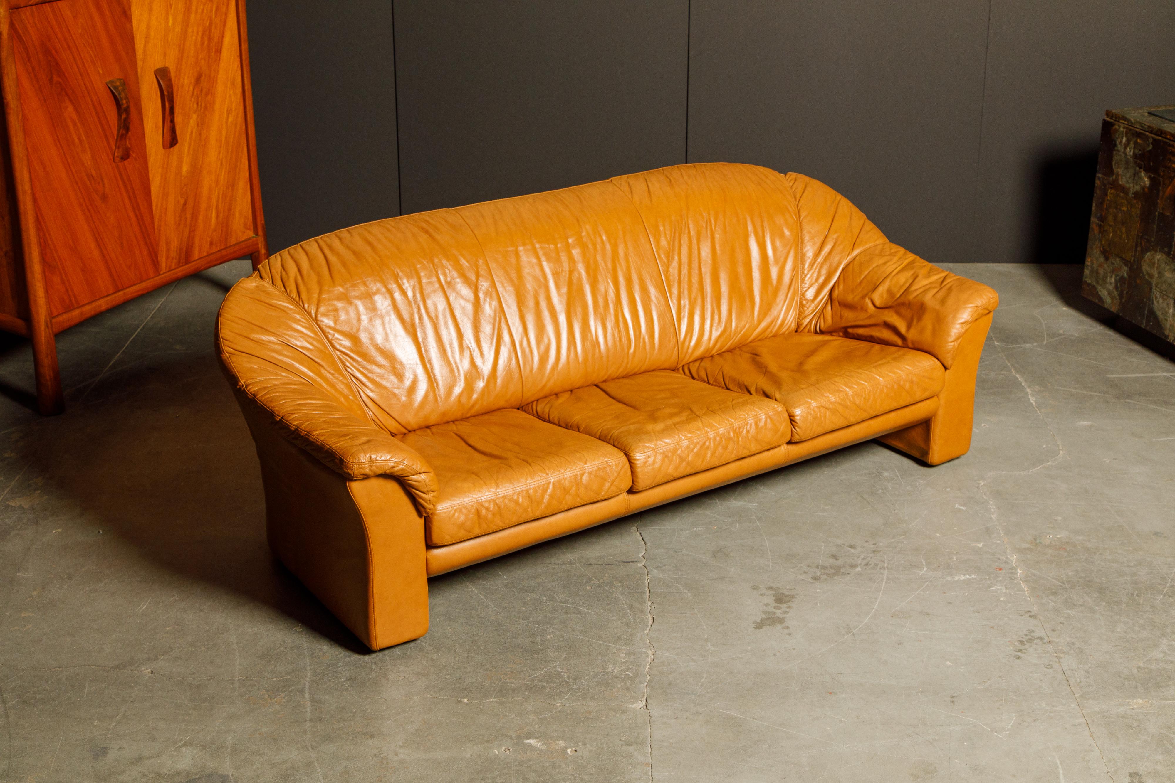 Italian Deep Seated Cognac Leather Sofa and Lounge Chairs, circa 1970s 1