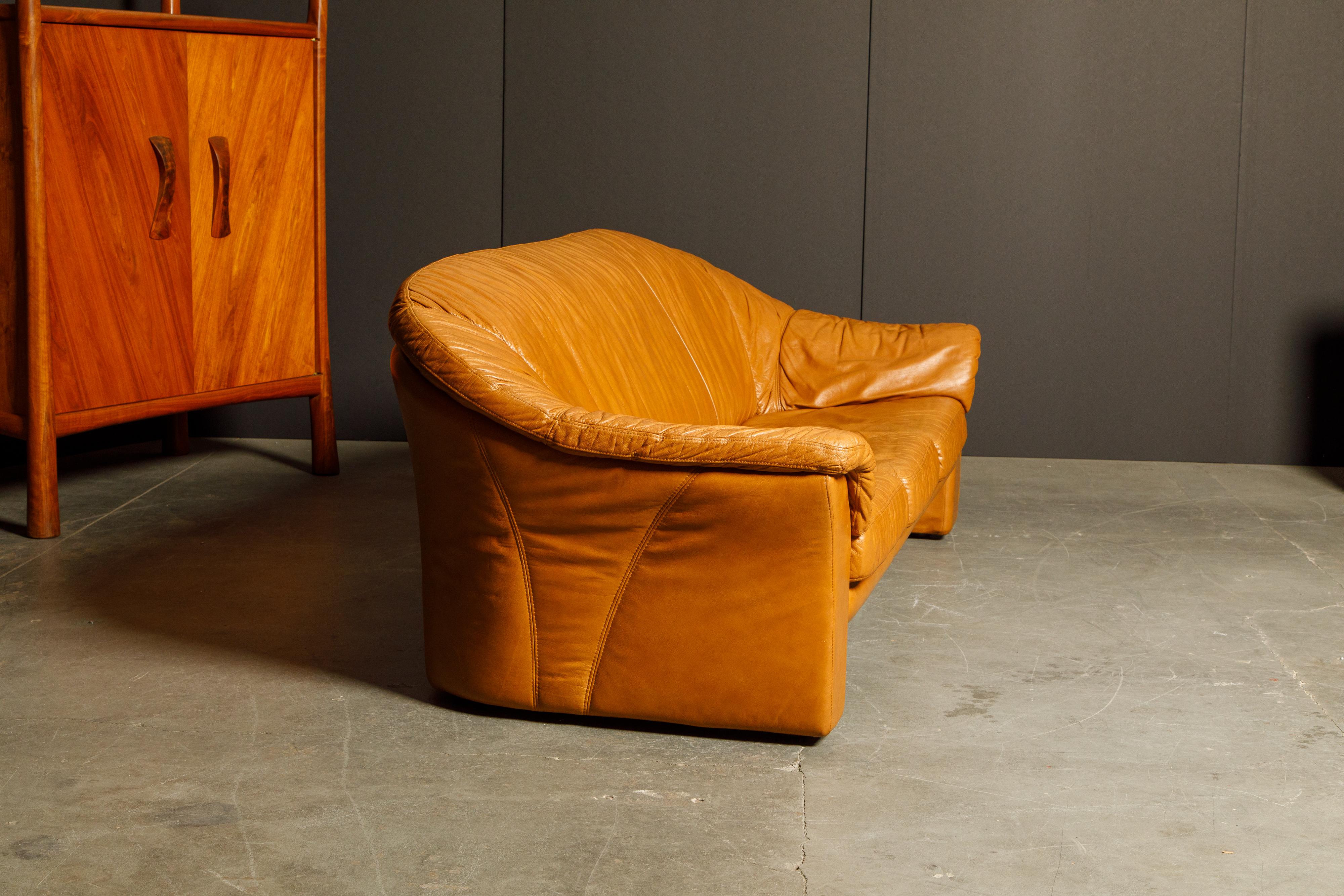 Italian Deep Seated Cognac Leather Sofa and Lounge Chairs, circa 1970s 2