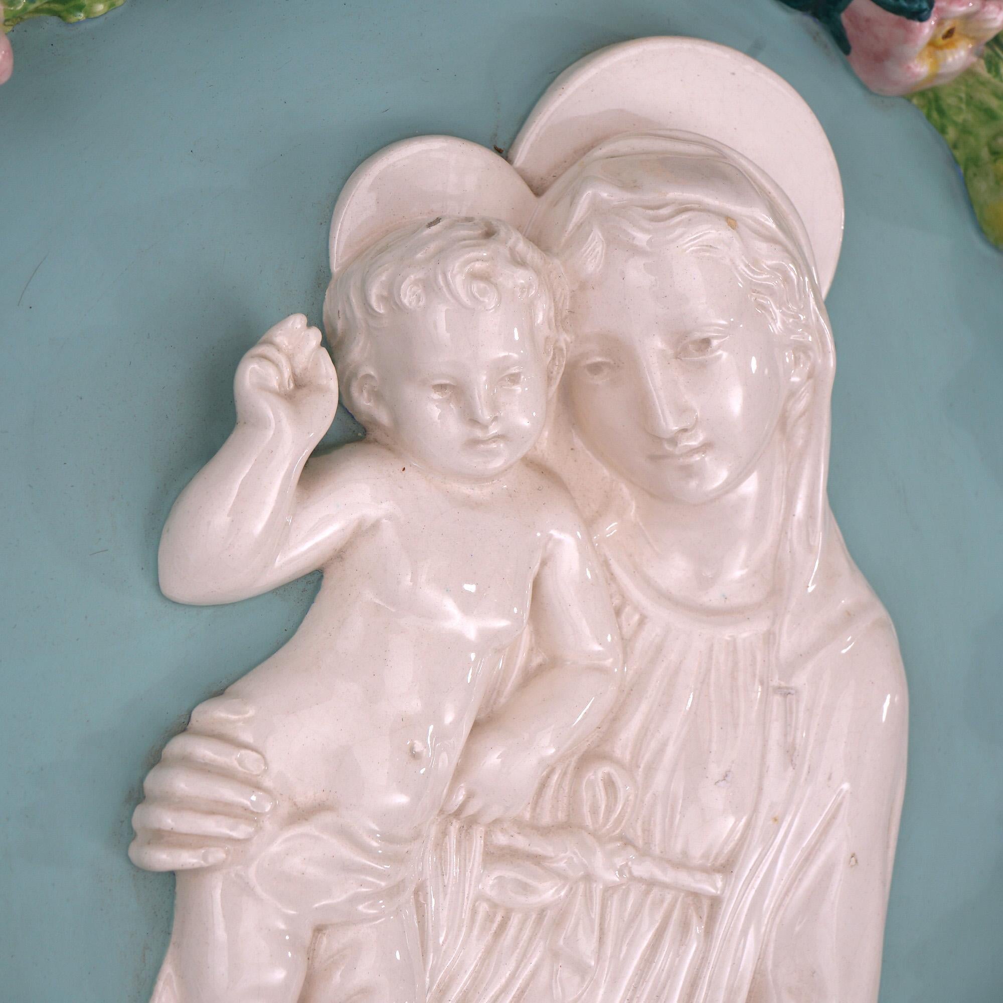 Italian Della Robin Pottery Plaque of Mary & Child with Fruit Wreath 20th C In Good Condition For Sale In Big Flats, NY