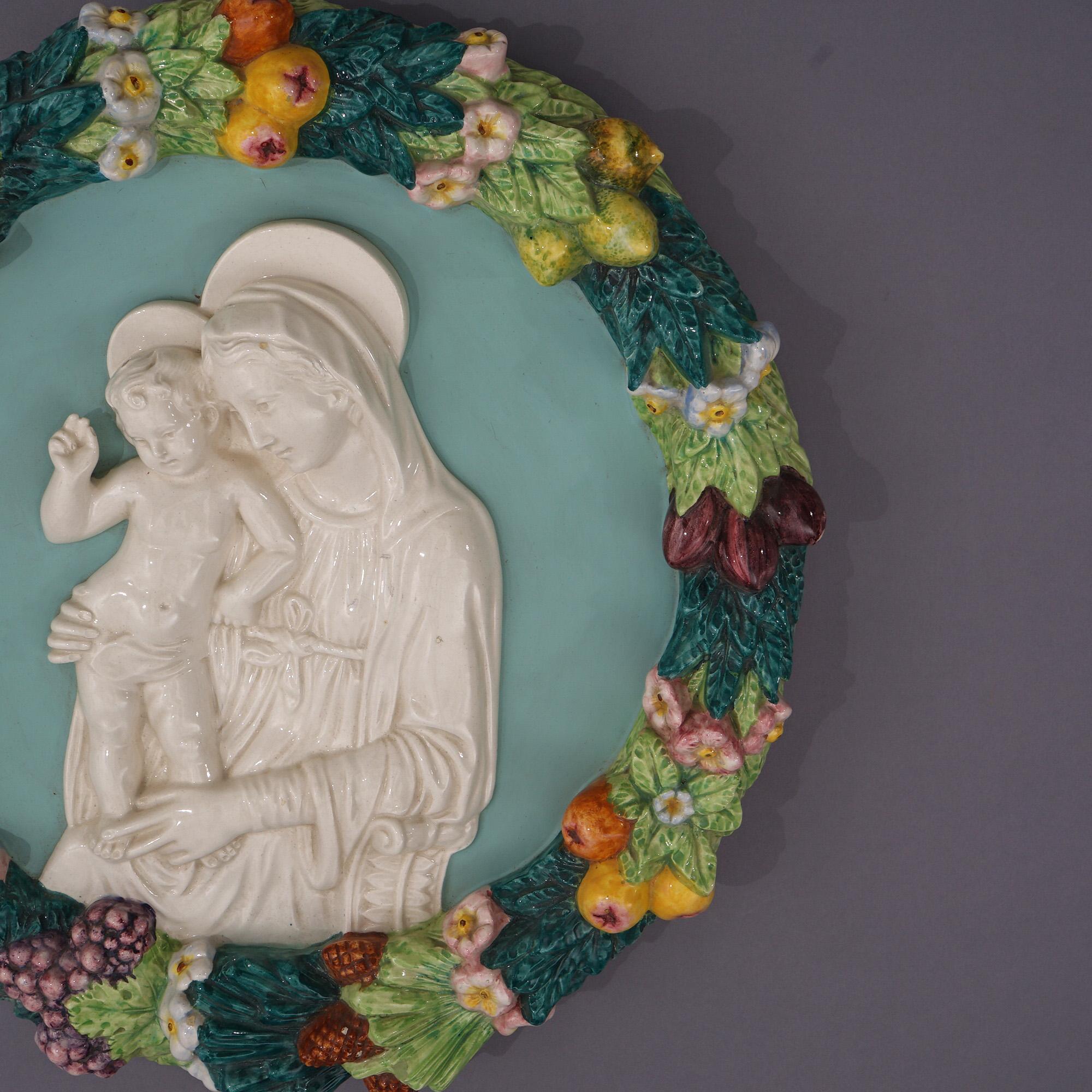 Porcelain Italian Della Robin Pottery Plaque of Mary & Child with Fruit Wreath 20th C For Sale