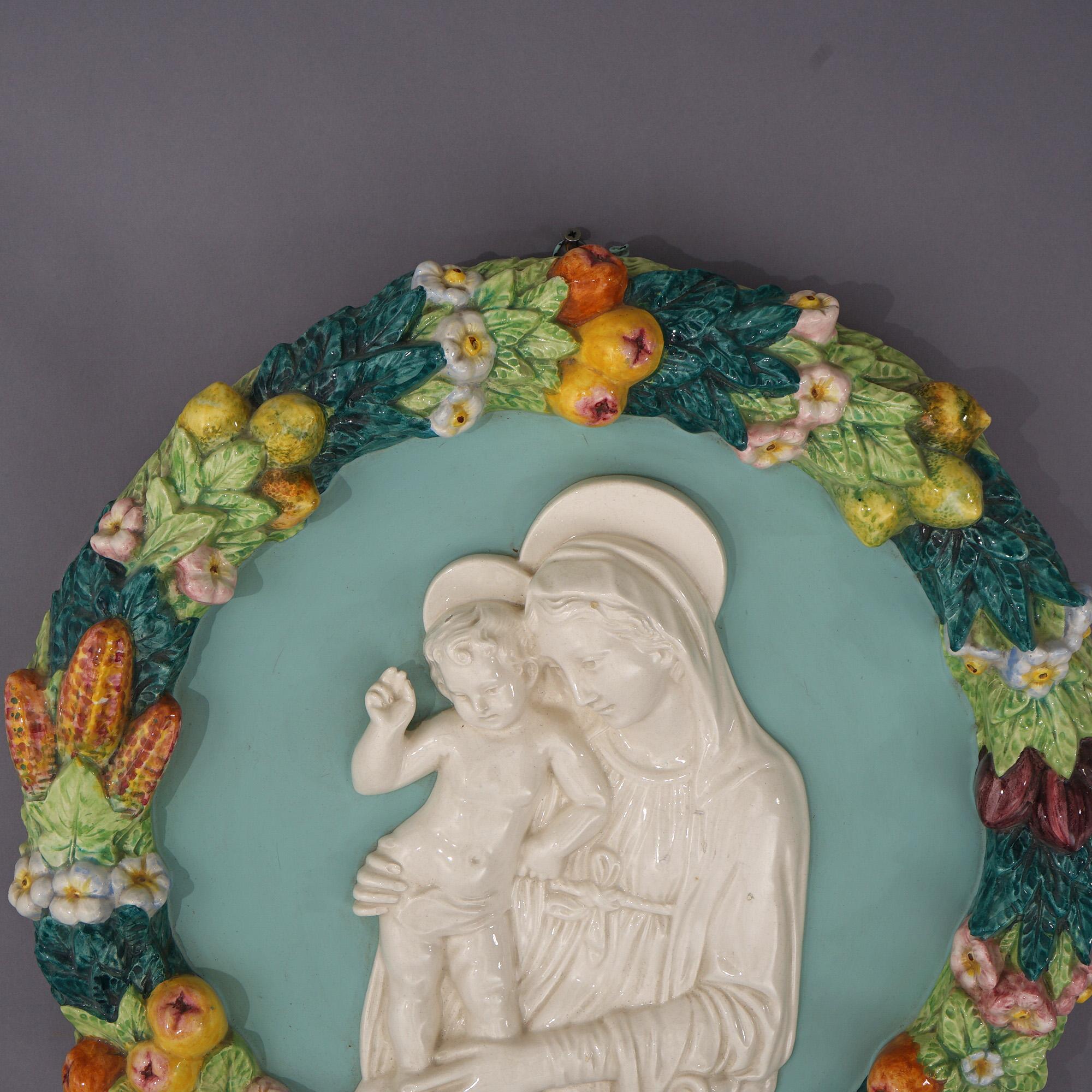 Italian Della Robin Pottery Plaque of Mary & Child with Fruit Wreath 20th C 1