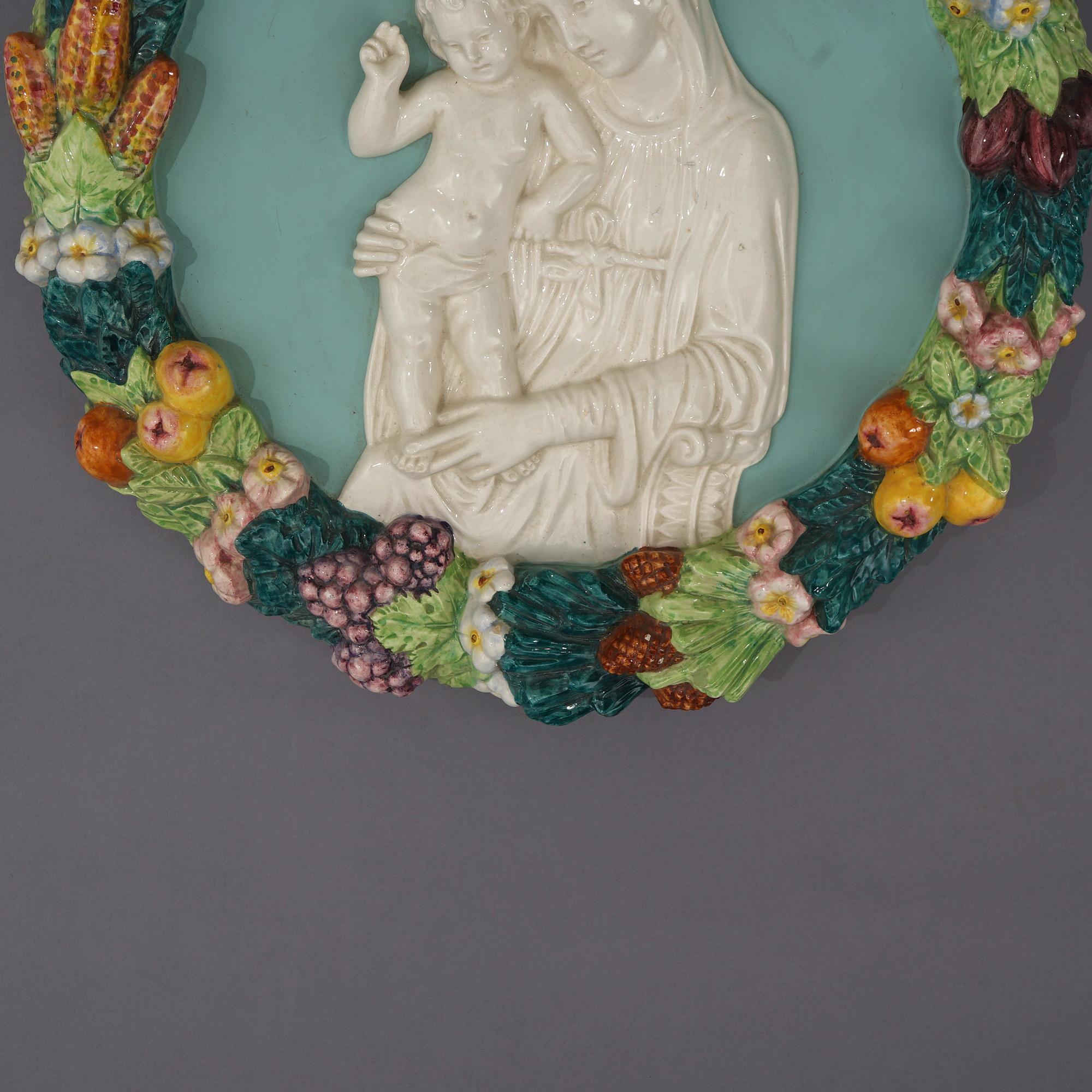 Italian Della Robin Pottery Plaque of Mary & Child with Fruit Wreath 20th C 2
