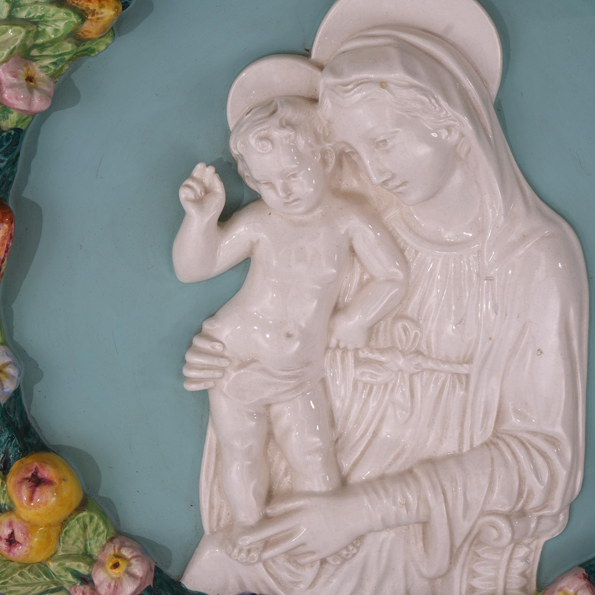 Italian Della Robin Pottery Plaque of Mary & Child with Fruit Wreath 20th C 4