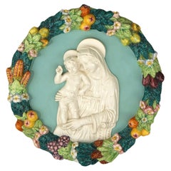 Italian Della Robin Pottery Plaque of Mary & Child with Fruit Wreath 20th C