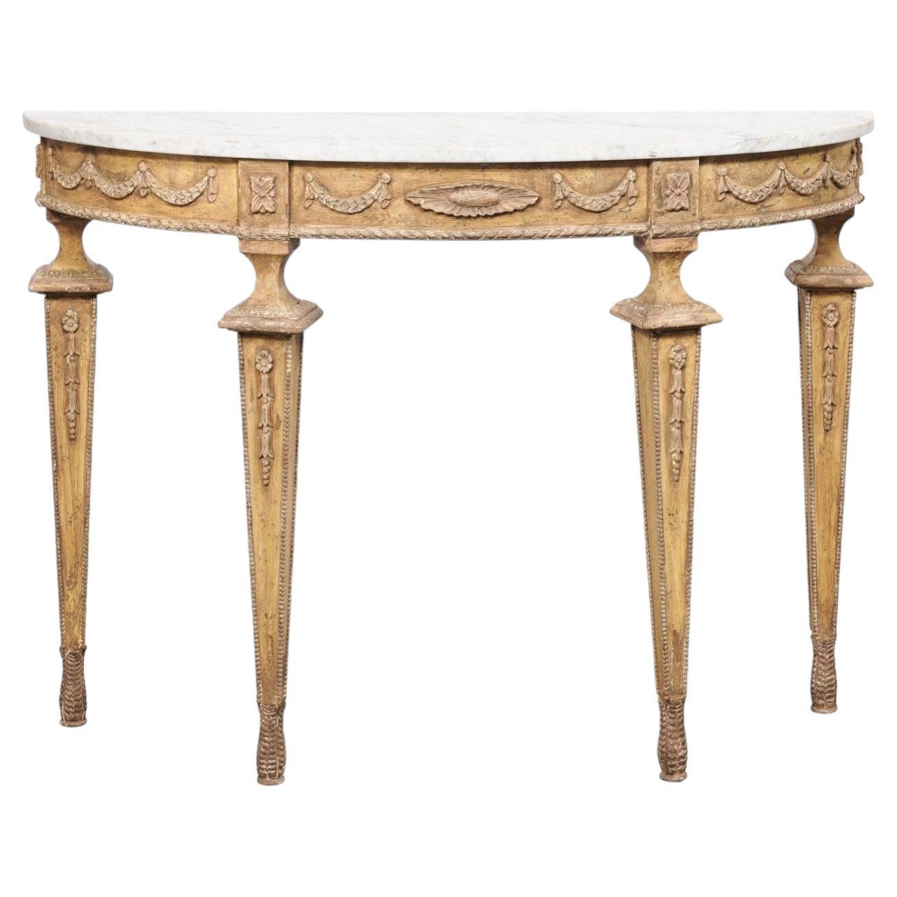 Italian Demi Console w/White Marble Top and Beautifully Decorated Apron & Legs For Sale