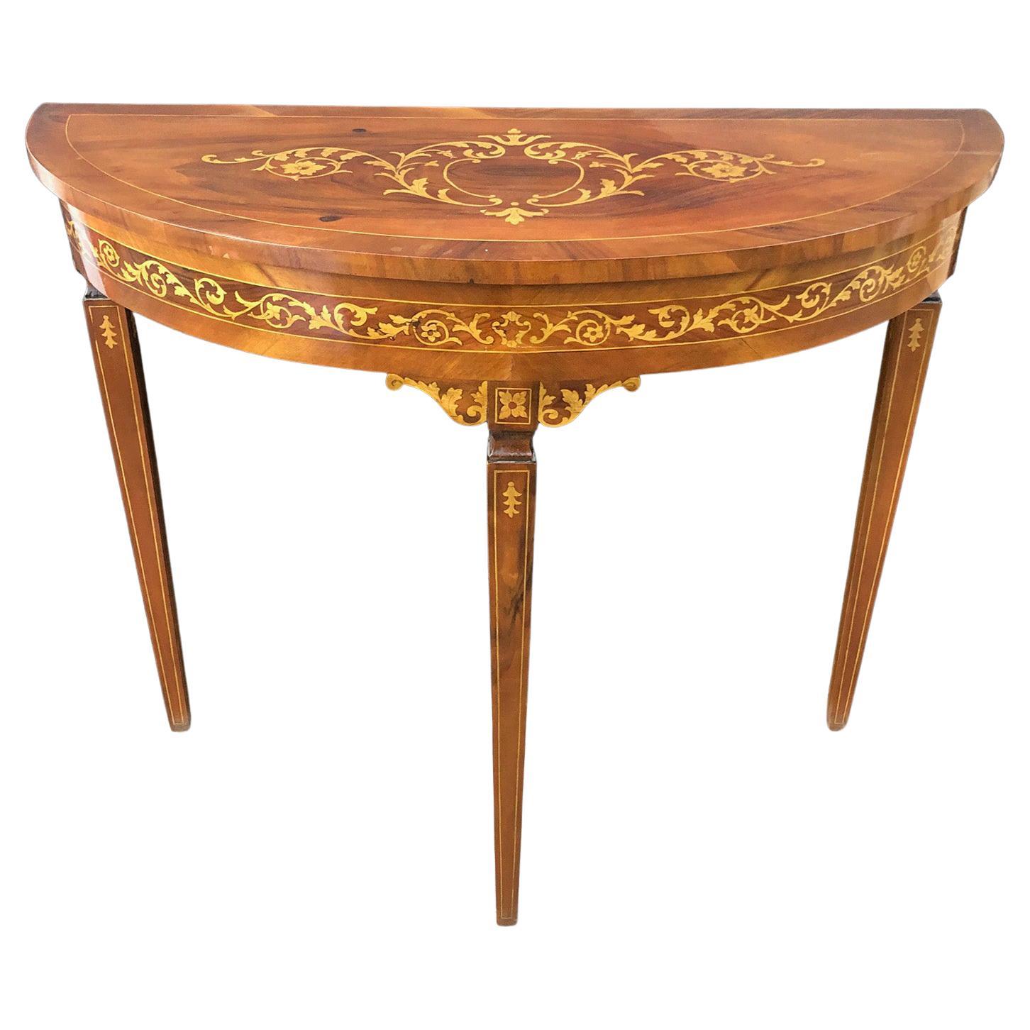 20th Italian Demi Lune Console Table with Inlays Walnut
