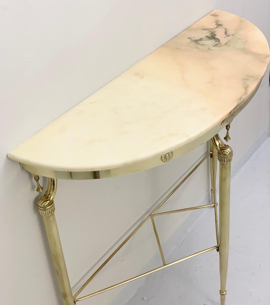 Brass Italian Demilune Pink Marble Console Tables, 1950s