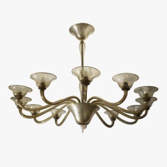 1940s Venetian Chandelier, Hand Blown Smoked Glass, 12 Lights, Italy