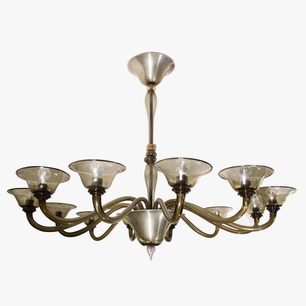 Metallo Lampadario veneziano di design italiano degli anni '40 in vetro soffiato color fumo in vendita
