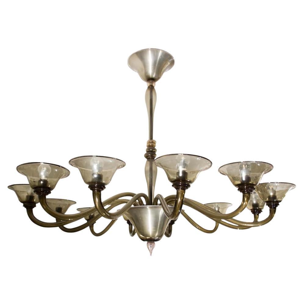 Lampadario veneziano di design italiano degli anni '40 in vetro soffiato color fumo in vendita