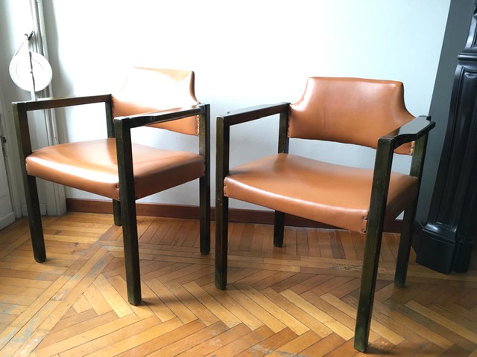 Italian Design 1961 Poltronova Pair Wooden Green Armchairs by Umberto Brandigi For Sale 13
