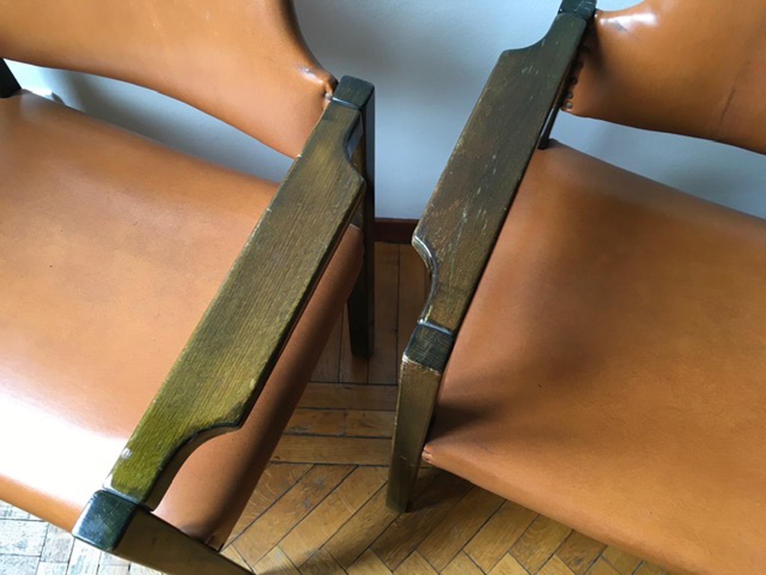 Italian Design 1961 Poltronova Pair Wooden Green Armchairs by Umberto Brandigi In Good Condition For Sale In Brescia, IT