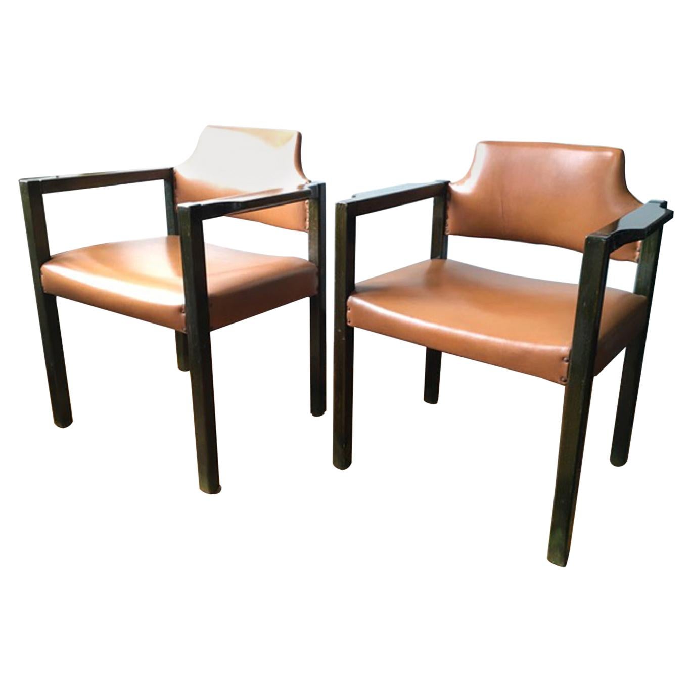 Italian Design 1961 Poltronova Pair Wooden Green Armchairs by Umberto Brandigi 