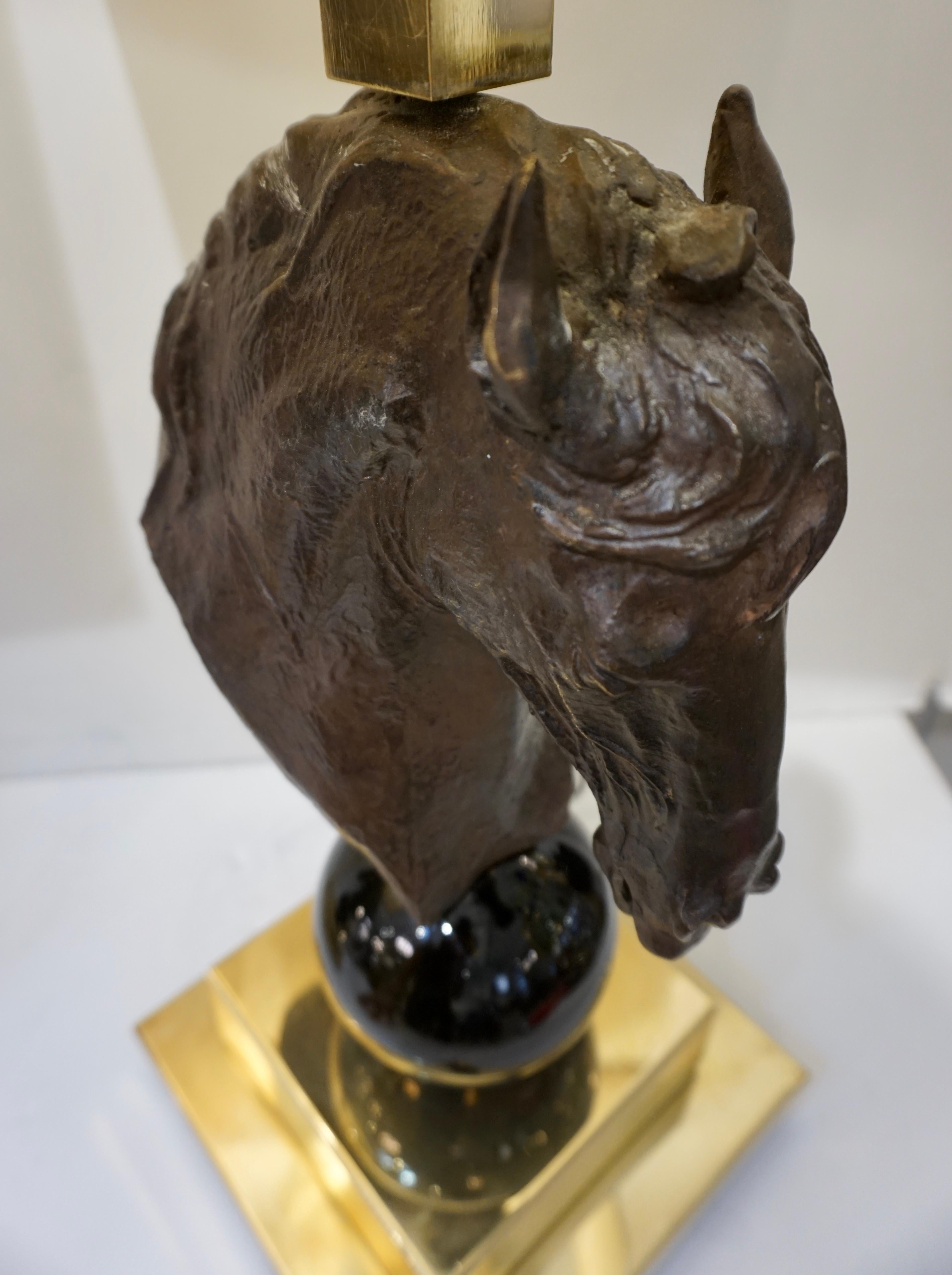 Italian Design 1990s Horse Bronze Sculpture Black Glass Pair of Brass Lamps For Sale 5