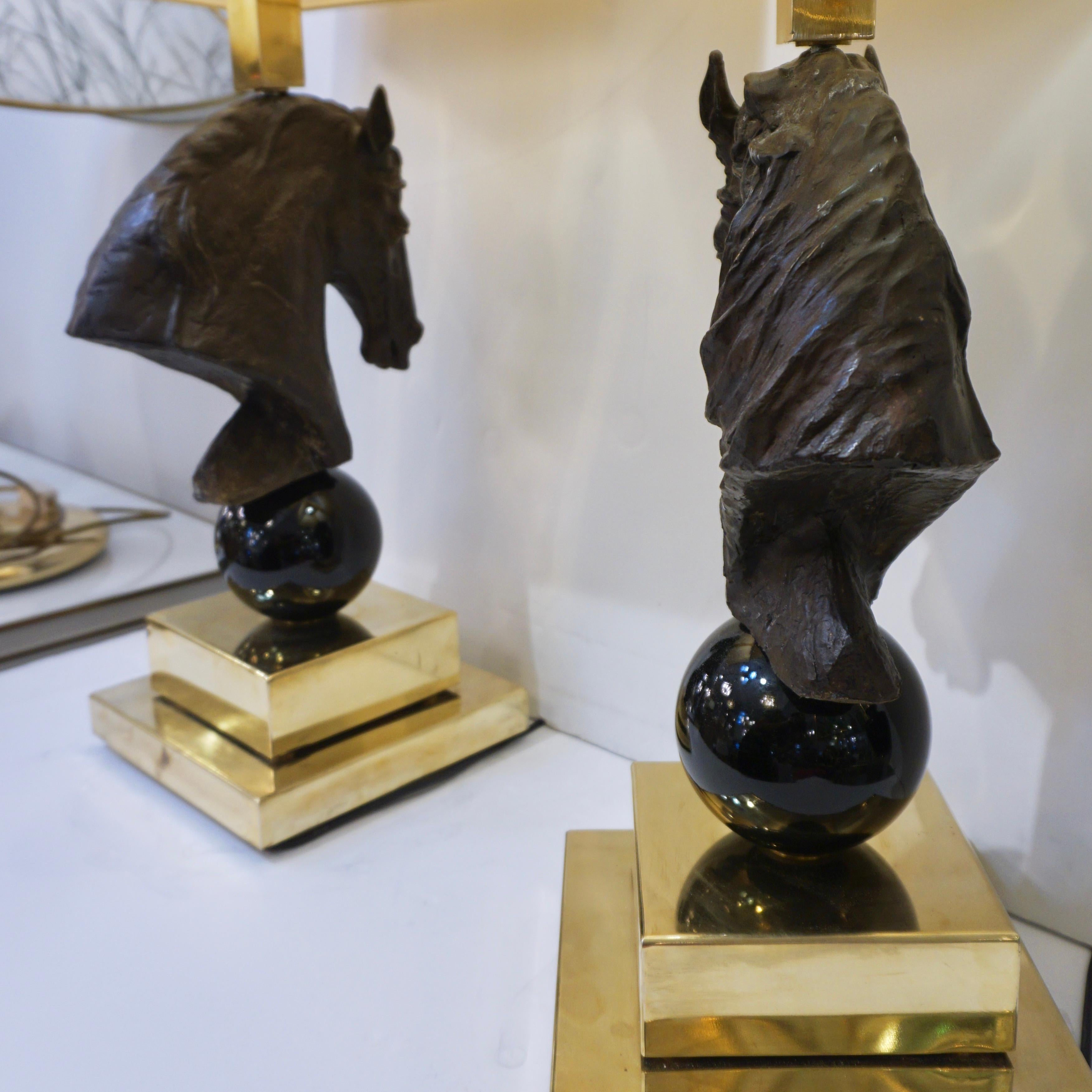 20th Century Italian Design 1990s Horse Bronze Sculpture Black Glass Pair of Brass Lamps For Sale
