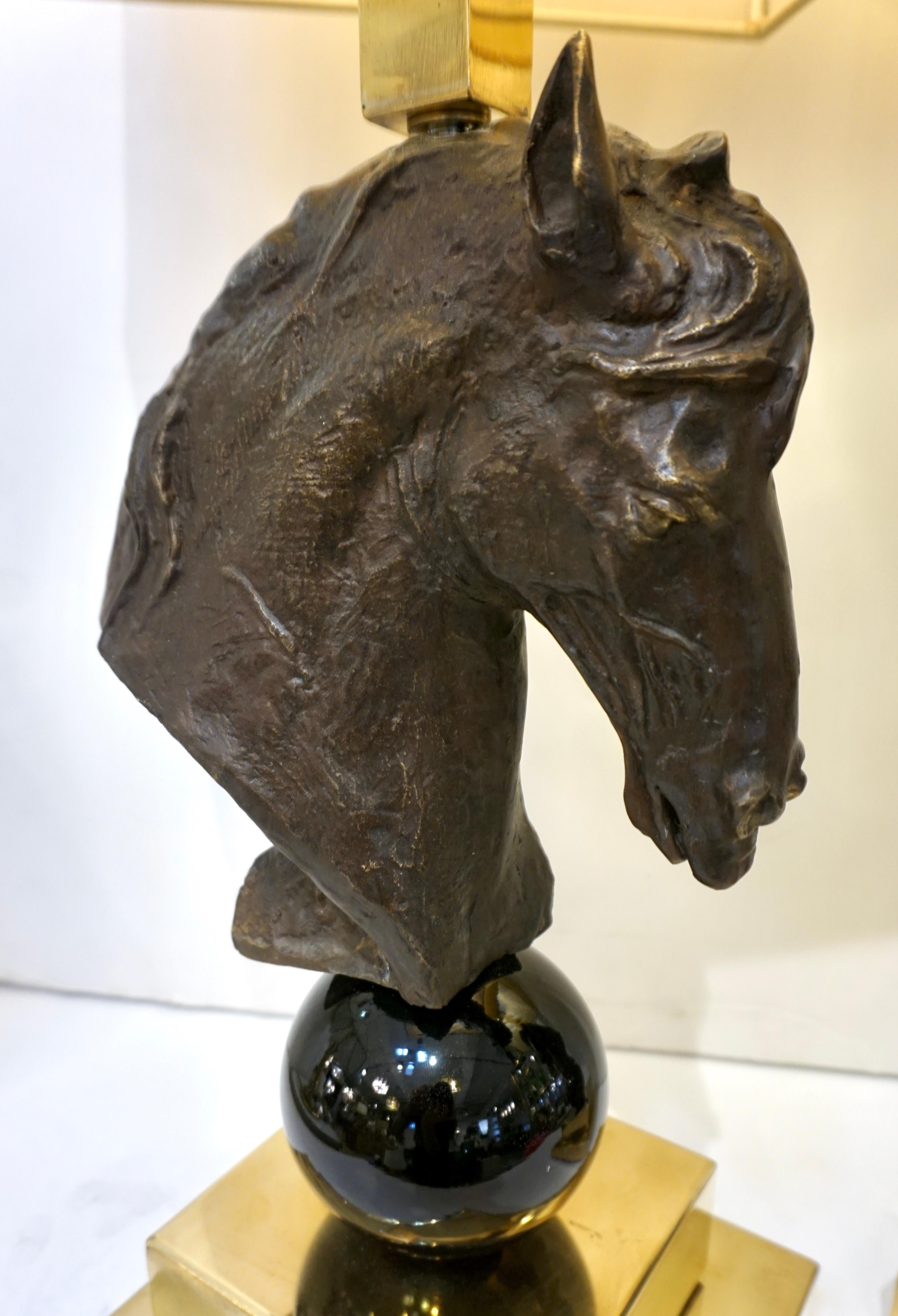 Italian Design 1990s Horse Bronze Sculpture Black Glass Pair of Brass Lamps For Sale 2