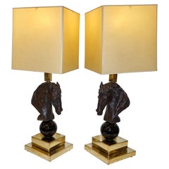 Italian Design 1990s Horse Bronze Sculpture Black Glass Pair of Brass Lamps