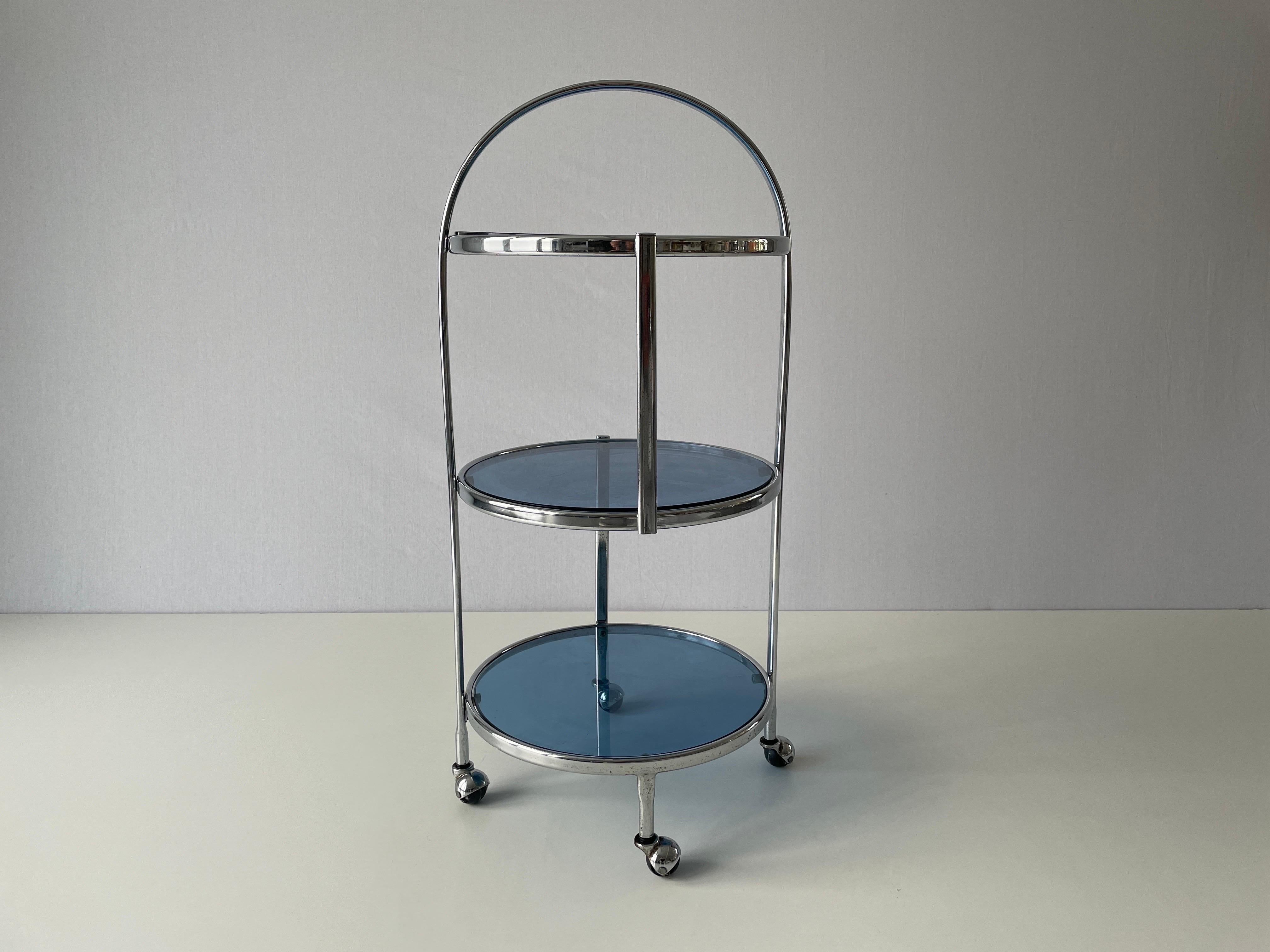 Mid-Century Modern Italian Design 3-layer Chrome and Blue Glass Trolley, 1960s, Italy For Sale