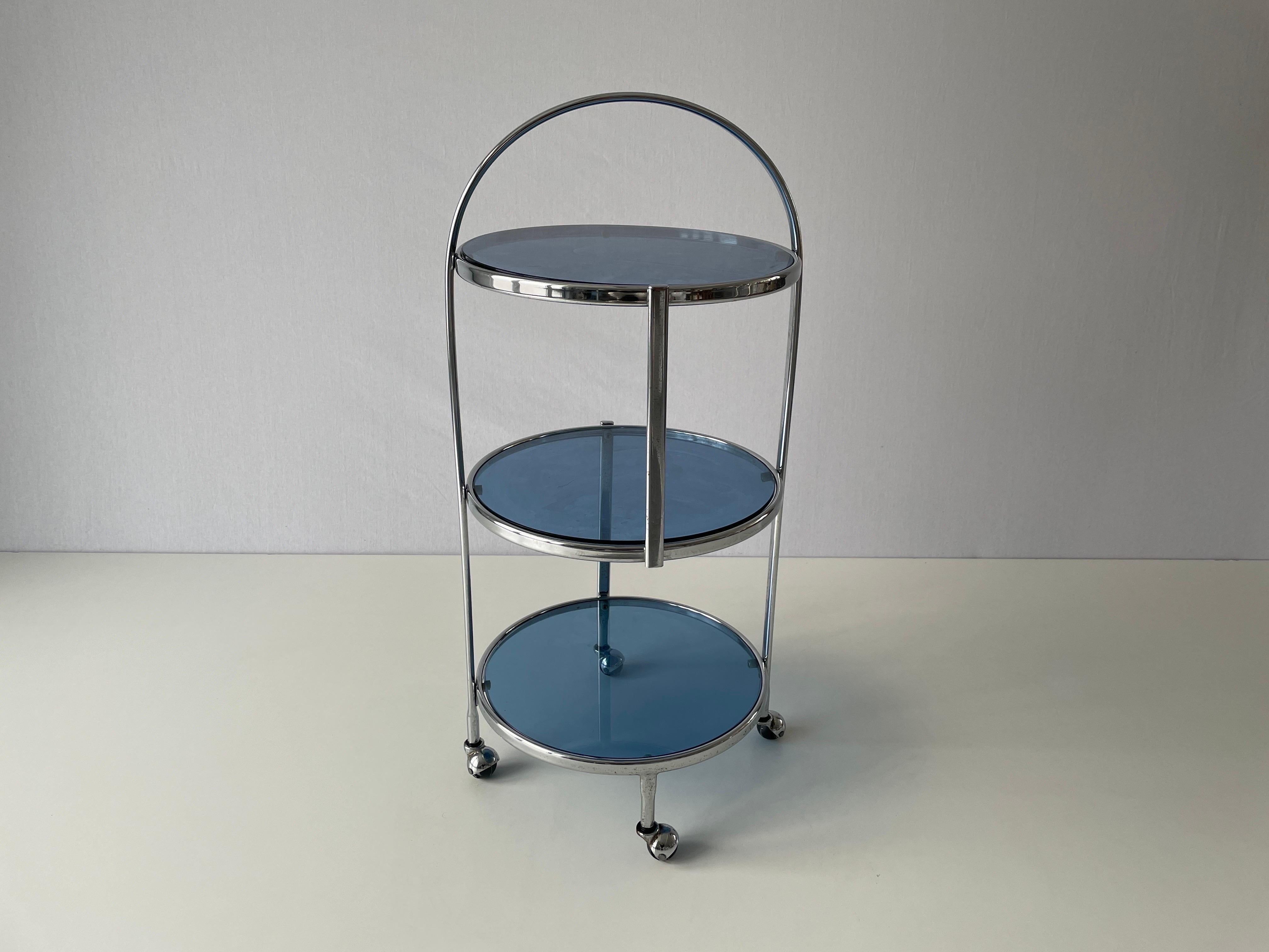 Italian Design 3-layer Chrome and Blue Glass Trolley, 1960s, Italy In Good Condition For Sale In Hagenbach, DE