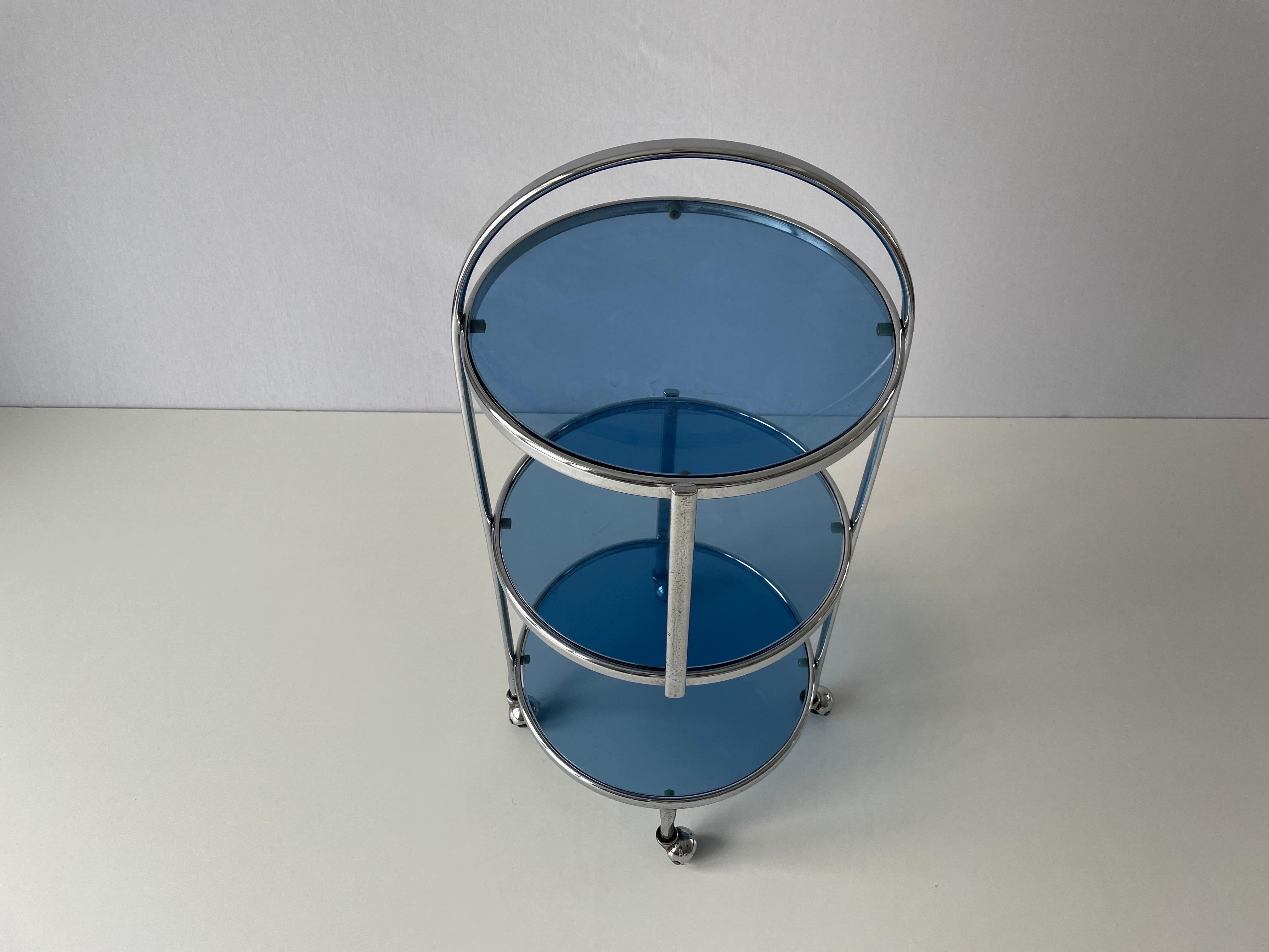 Mid-20th Century Italian Design 3-layer Chrome and Blue Glass Trolley, 1960s, Italy For Sale