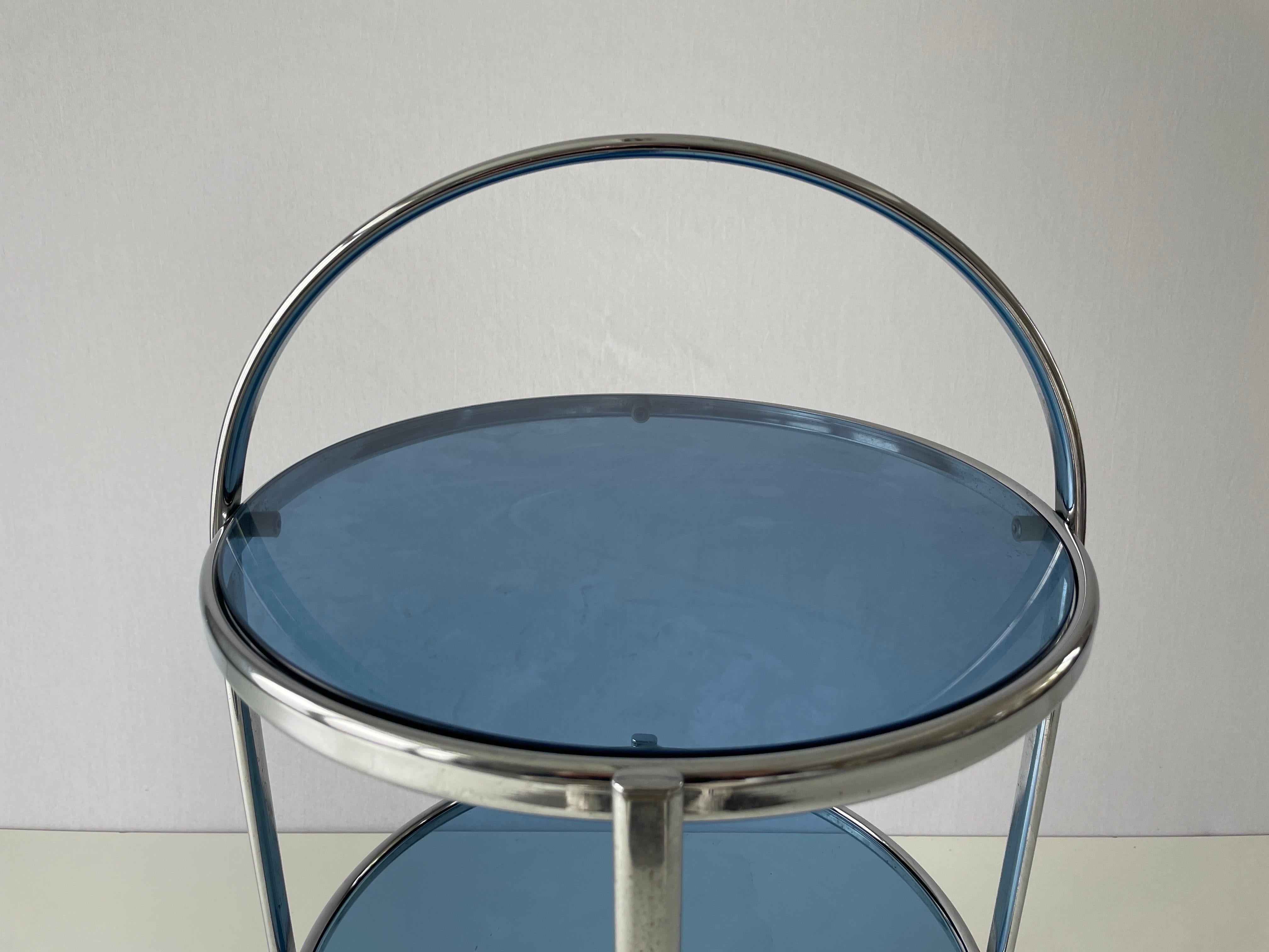 Italian Design 3-layer Chrome and Blue Glass Trolley, 1960s, Italy For Sale 1