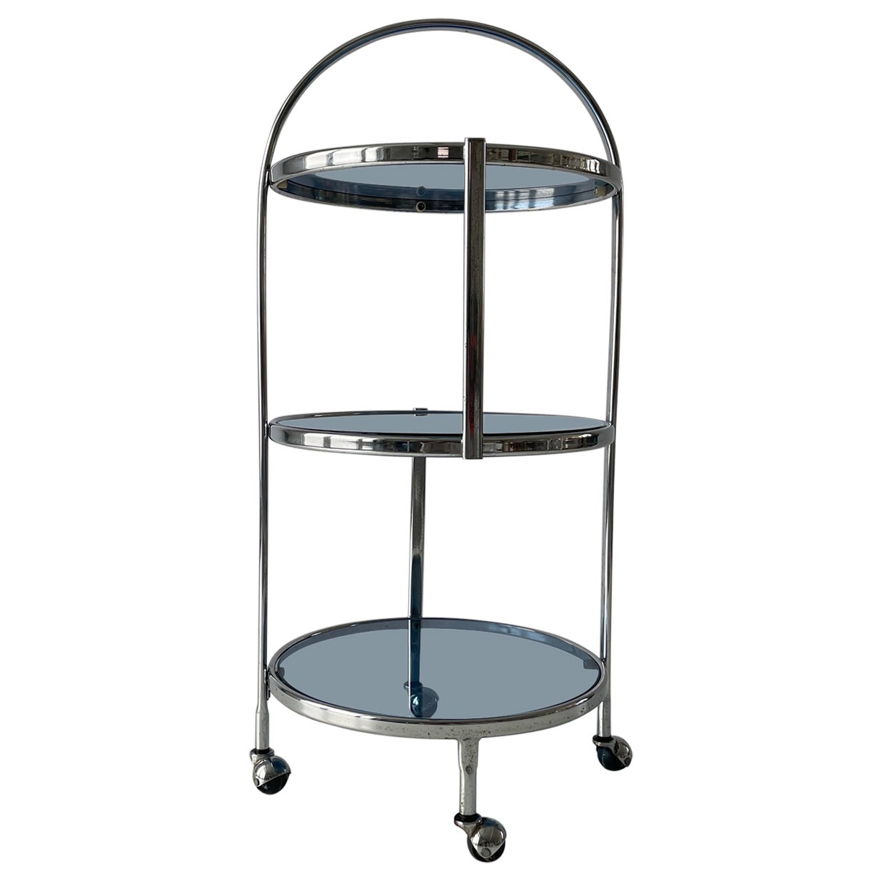 Chariot de design italien à 3 couches en chrome et verre bleu, années 1960, Italie en vente