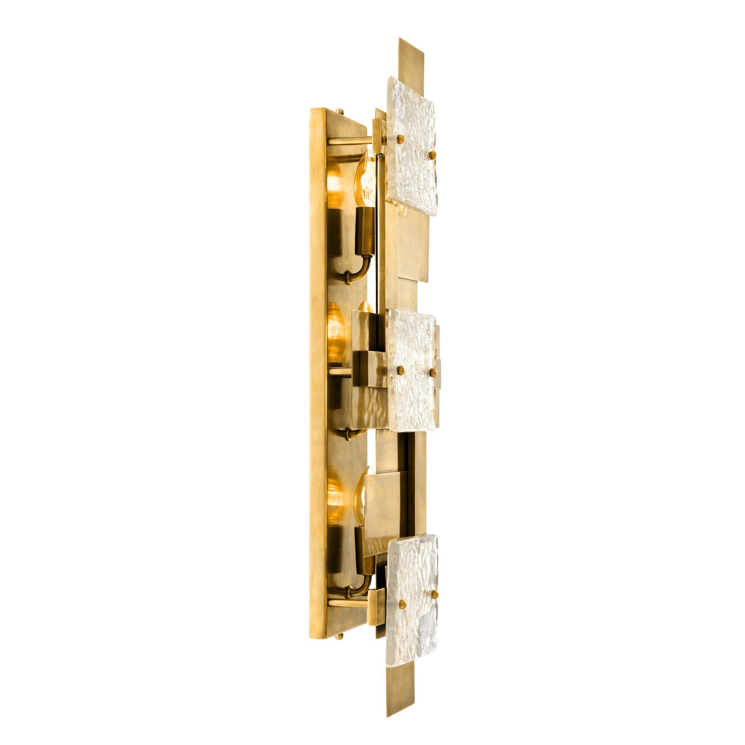 European Italian Design and Brutalist Style Large Brass and Glass Wall Light For Sale