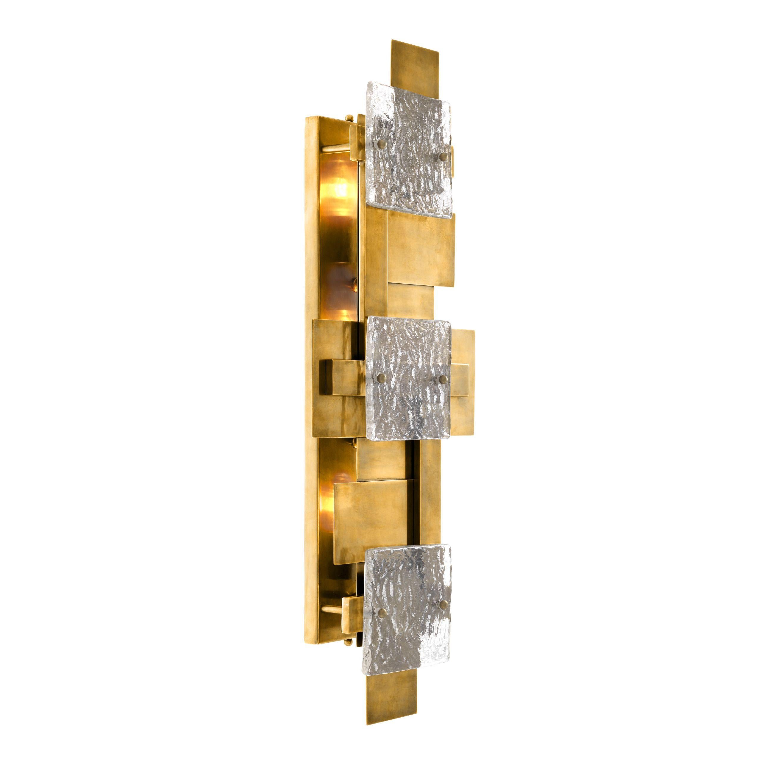 Contemporary Italian Design and Brutalist Style Large Brass and Glass Wall Light For Sale