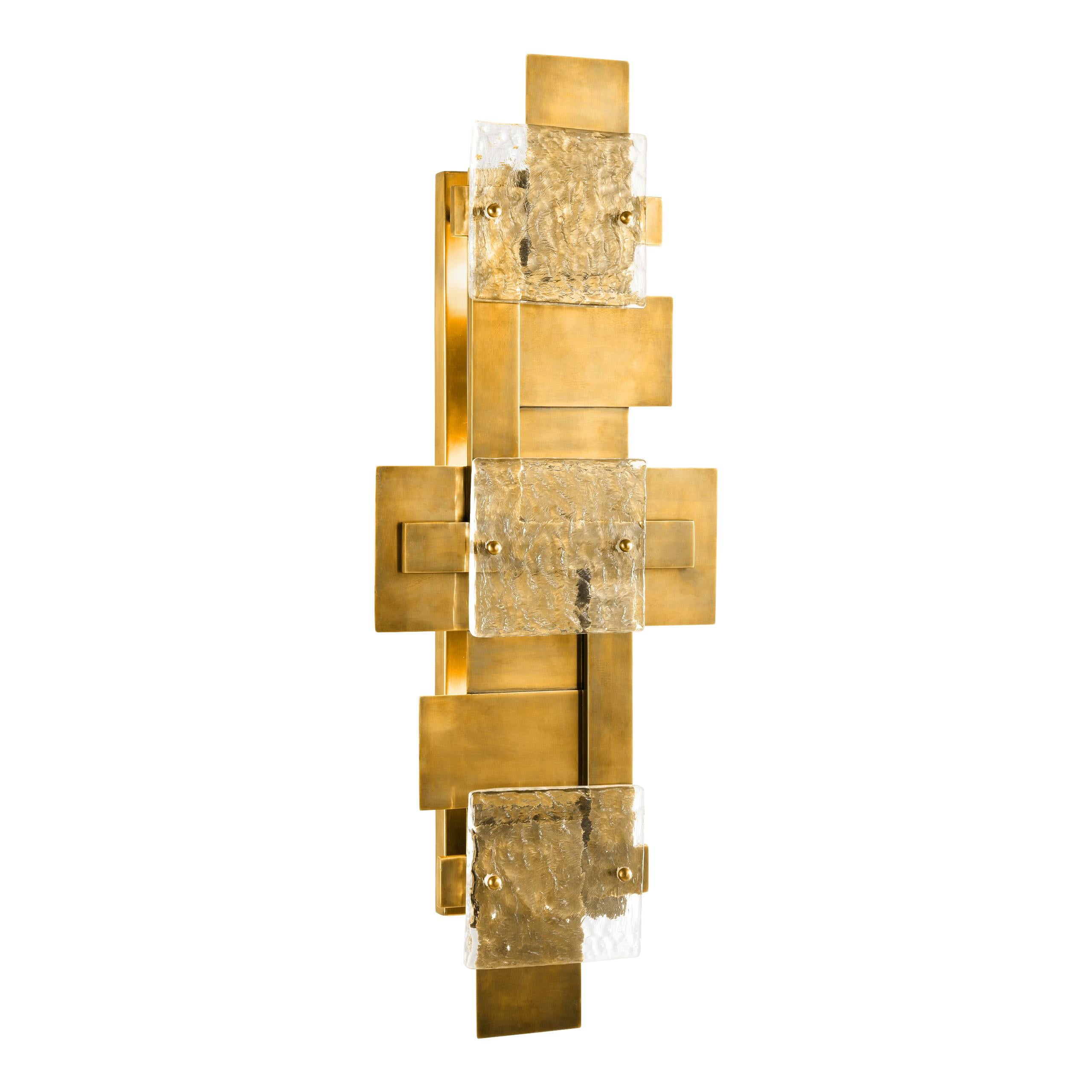 Italian Design and Brutalist Style Large Brass and Glass Wall Light For Sale