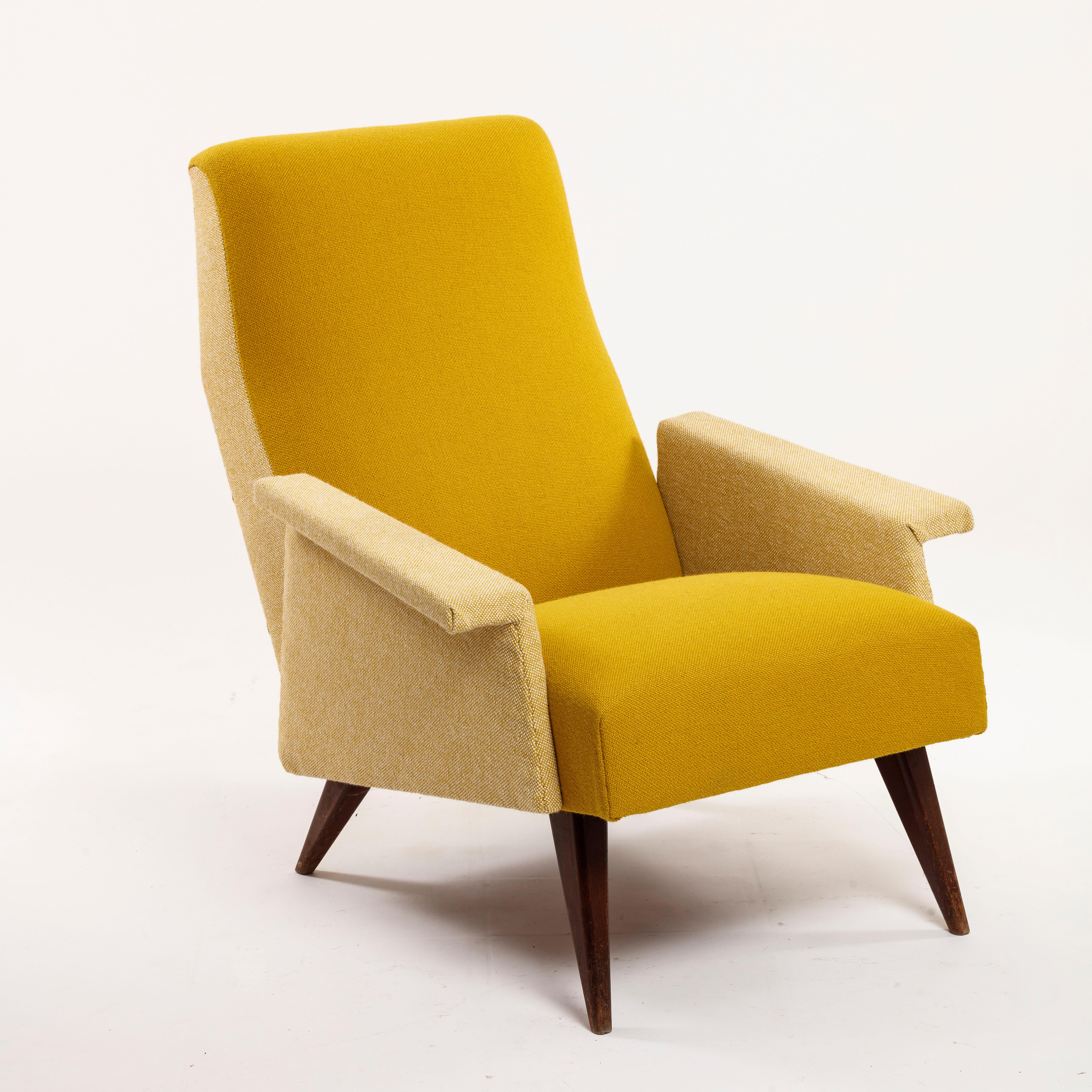 stunning mid century modern style armchair upholstered in yellow Kvadrat fabric, the oak parts have been revised and the foam changed. 
it's like new with 60's italian style.


